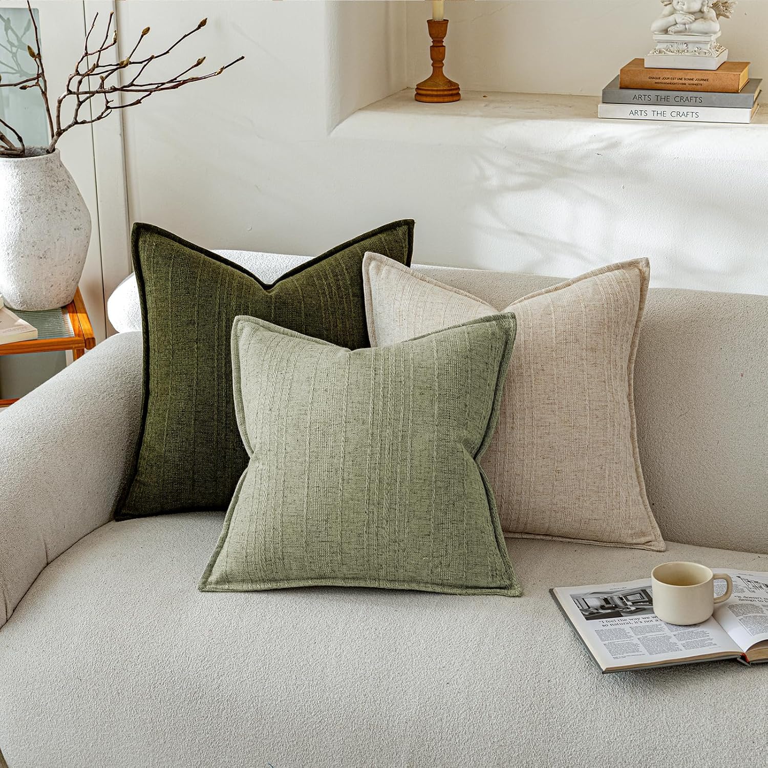 a moment Linen Pillow Covers Set of 2,Boho Farmhouse Throw Pillowcases Neutral Textured Decorative Covers for Couch Sofa,Soft Linen Blend Accent Case Cushion Home Decor 18"x18"Seeding Green