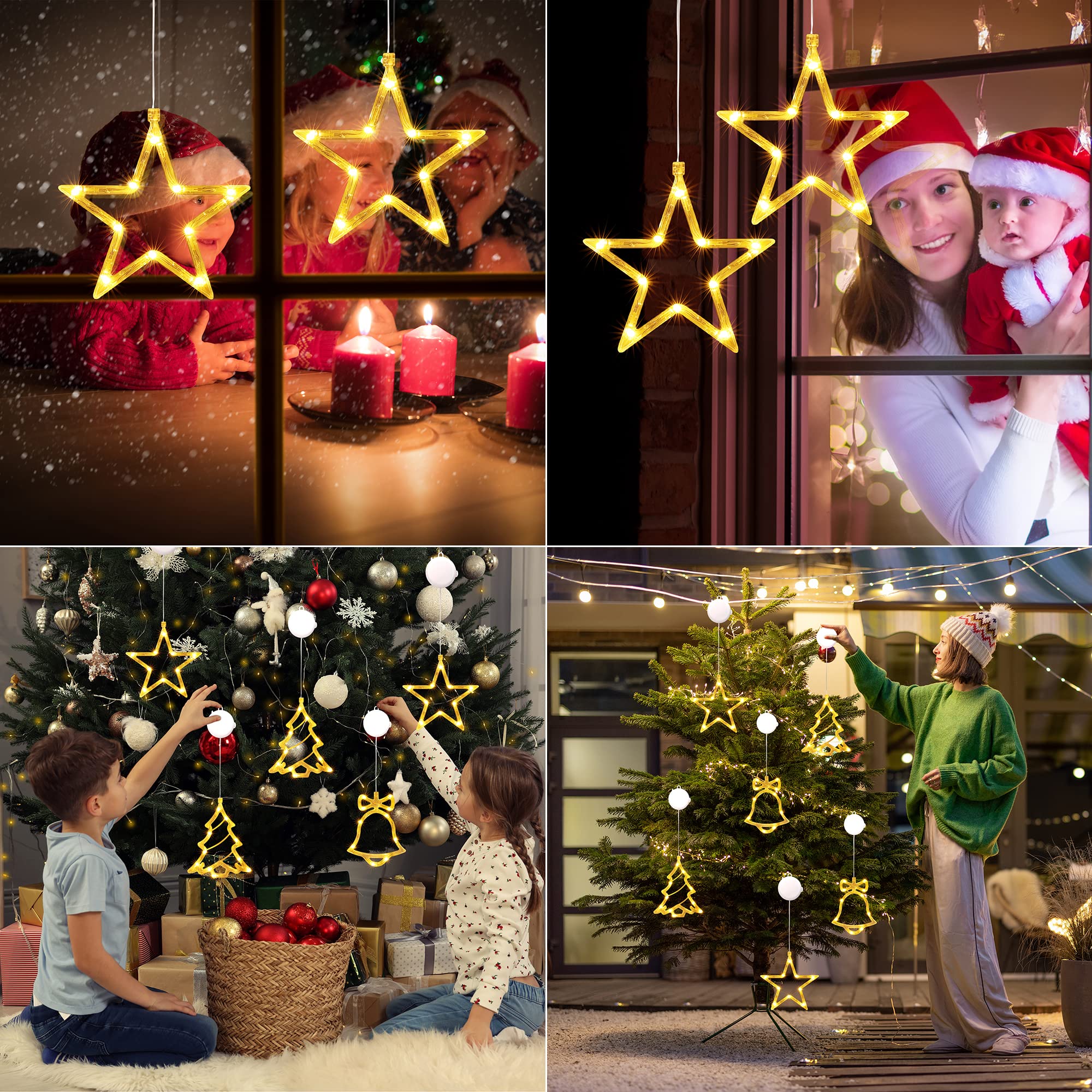 Qedertek Luci di Natale - 10 LED Tenda Luminosa con Stelle, Tenda Luci Natalizie a Batteria, Bianco Caldo, Timer, Luci Natale Decorativa per Albero di Natale, Finestra, Porta, Matrimonio, Bar (2Pcs)