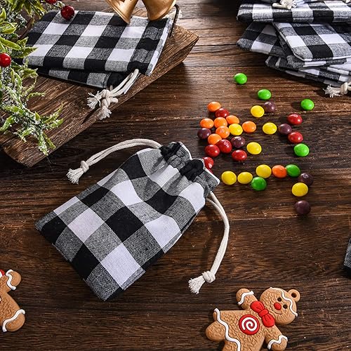 Miniatura 3 de 24 bolsas de regalo de Navidad a cuadros con cordón, bolsa de arpillera de Navidad con cordón, bolsa de Navidad de algodón lavable para envoltura de