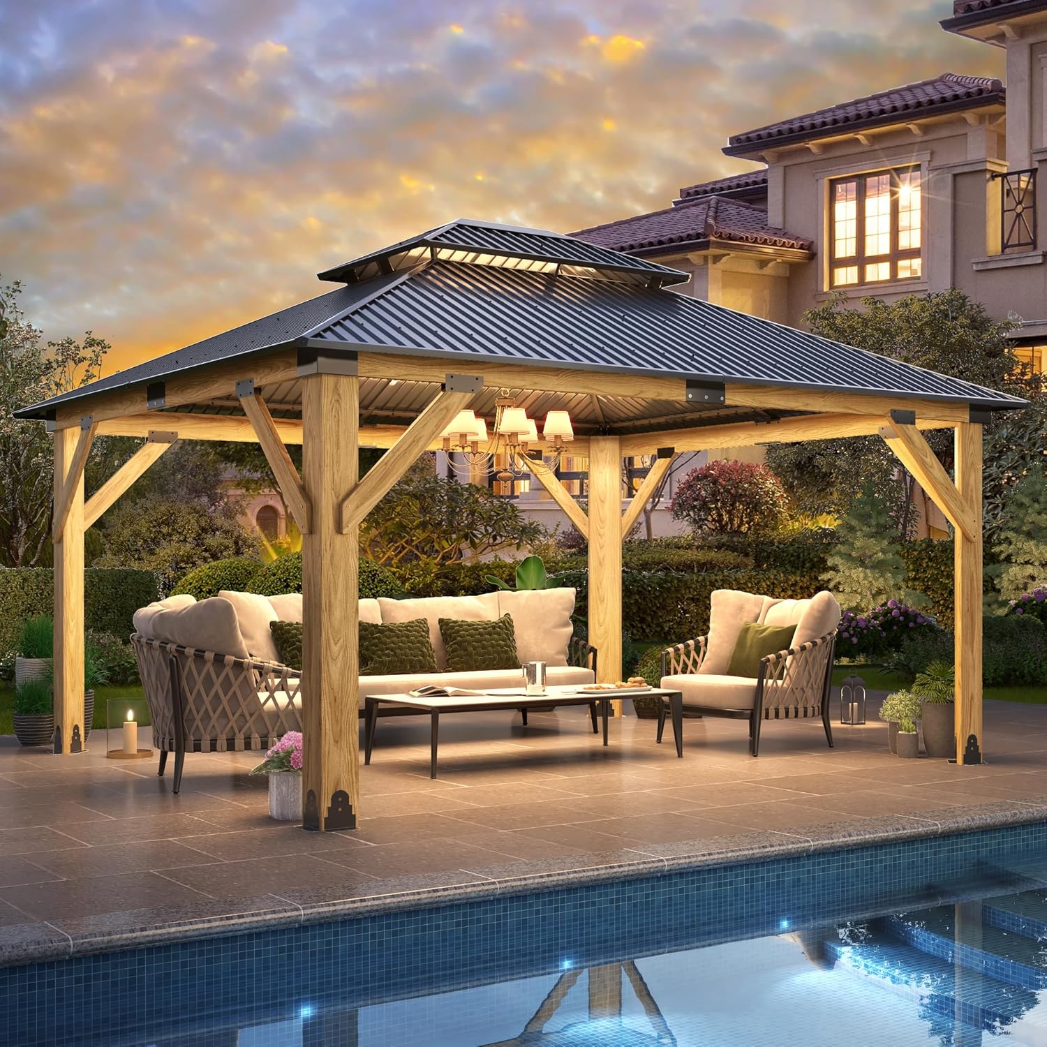 13x15FT Wood Gazebo,Outdoor Wooden Gazebo with Glavanized Steel Double Roof, Hardtop Gazebos for Garden, Patio, Deck, Backyard