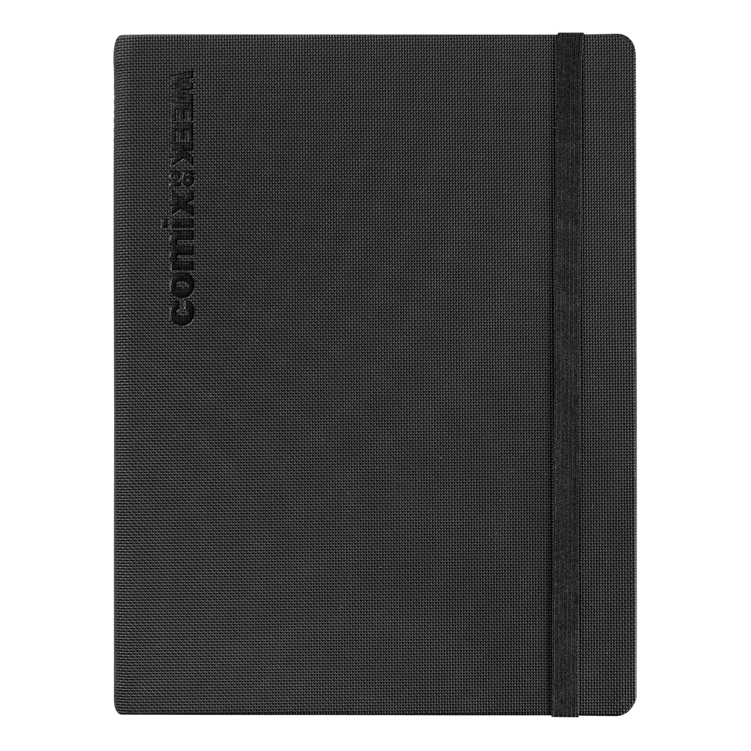 COMIX, Large Vertical 2026 Weekly Planner 12 Months, Closure with Elastic Band and Side Elastic for Pen/Pencil Holder, Double Bookmark – 19 x 25 cm – Black Tenax