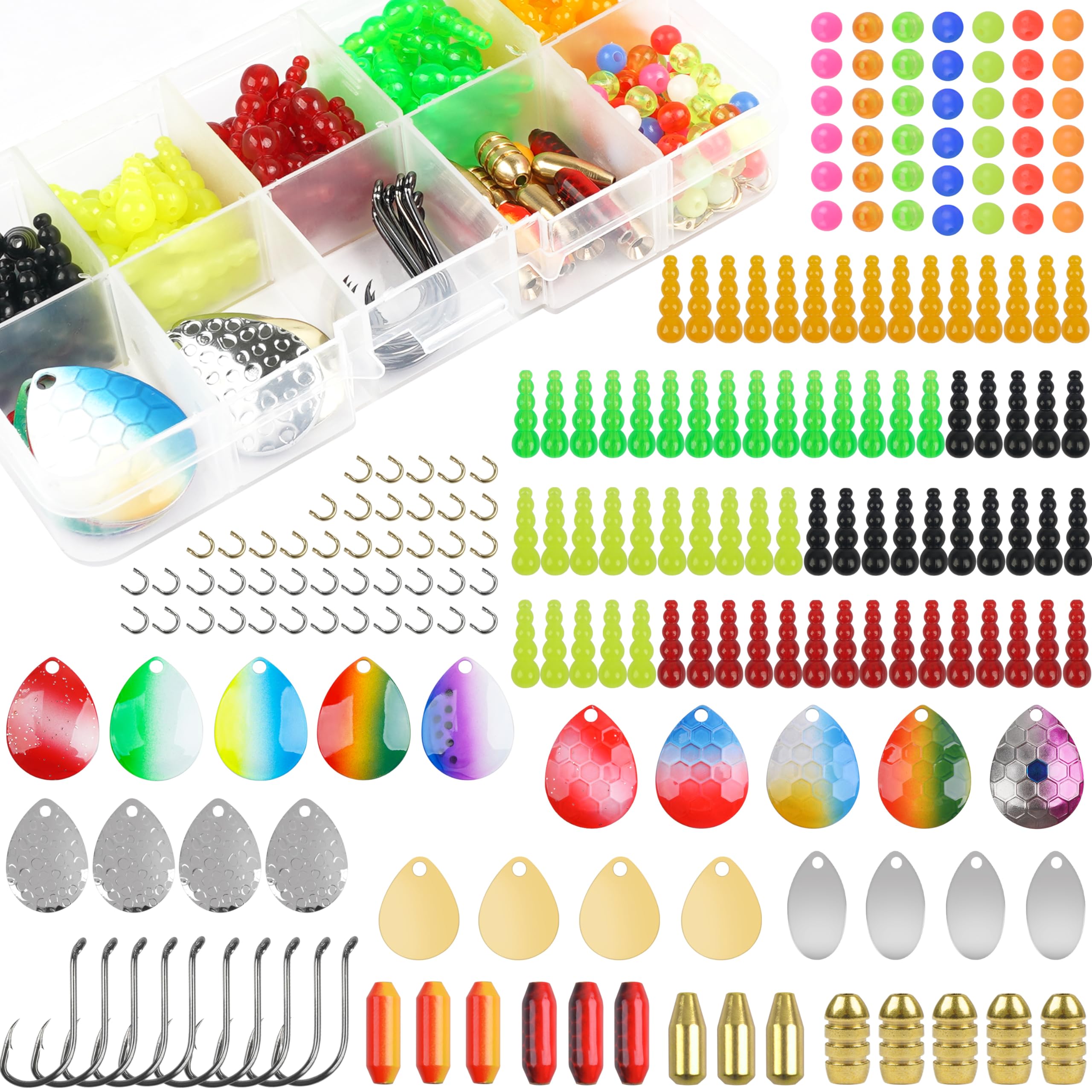 Walleye Spinner Rigs Kit, 200 Piece DIY Fishing Lure Making Supplies Parts Walleye Rigs Crawler Harness Colorado Blades Spinner Clevis Stacked Beads