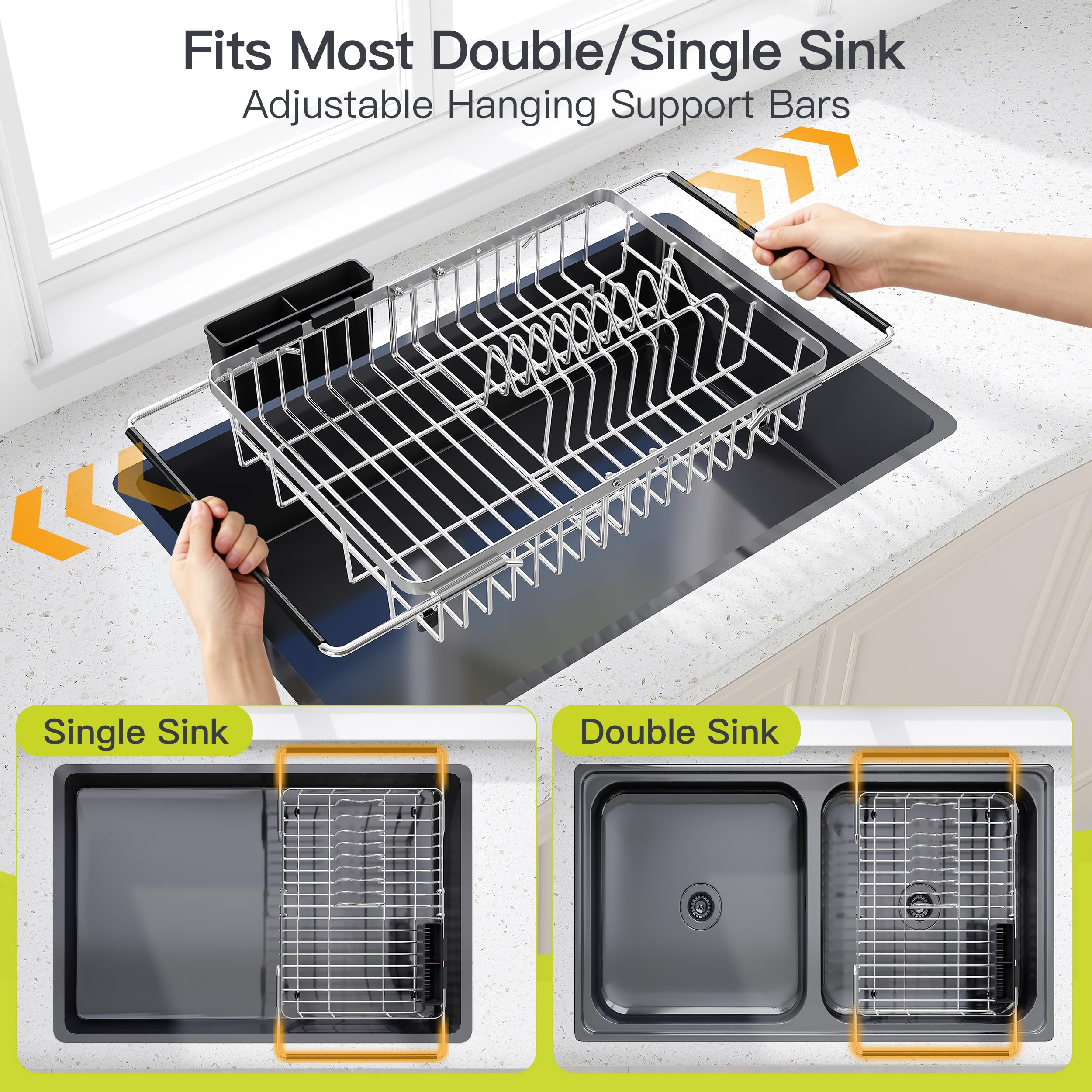 JASIWAY Escurridor de platos extensible de acero inoxidable sobre el fregadero para cocina pequeña, ahorro de espacio, escurridor de platos compacto, soporte de metal ajustable para colgar platos con