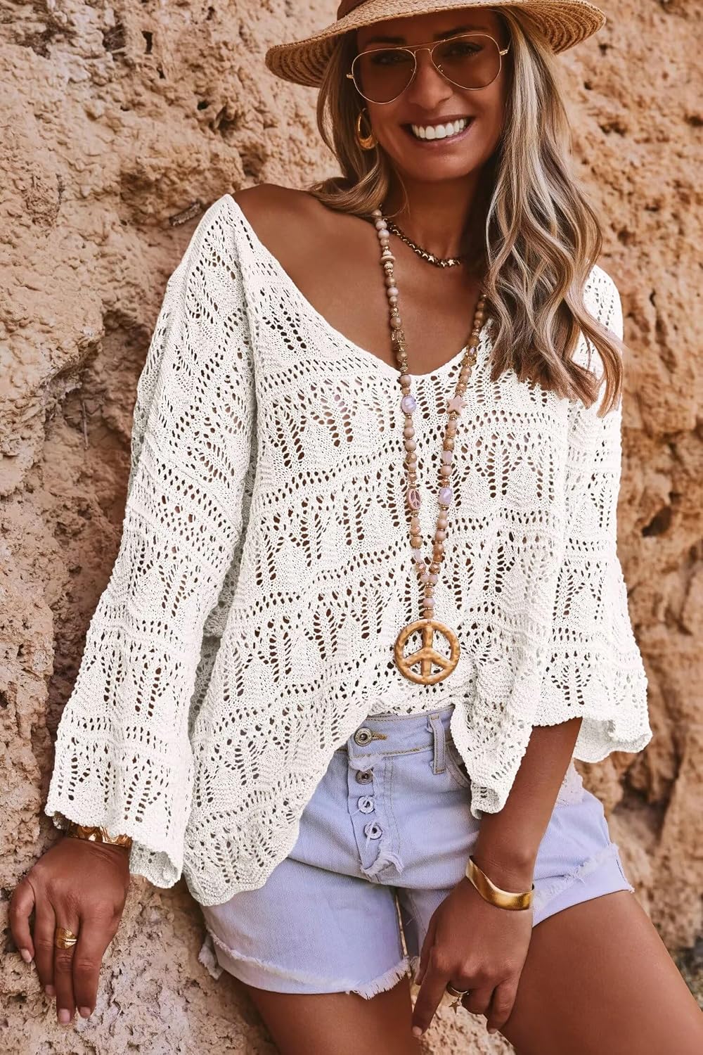 Allimy Womens Summer Spring 3/4 Sleeves Crochet Oversized Sweater for Women 2026 Beach Resort Wear Tops