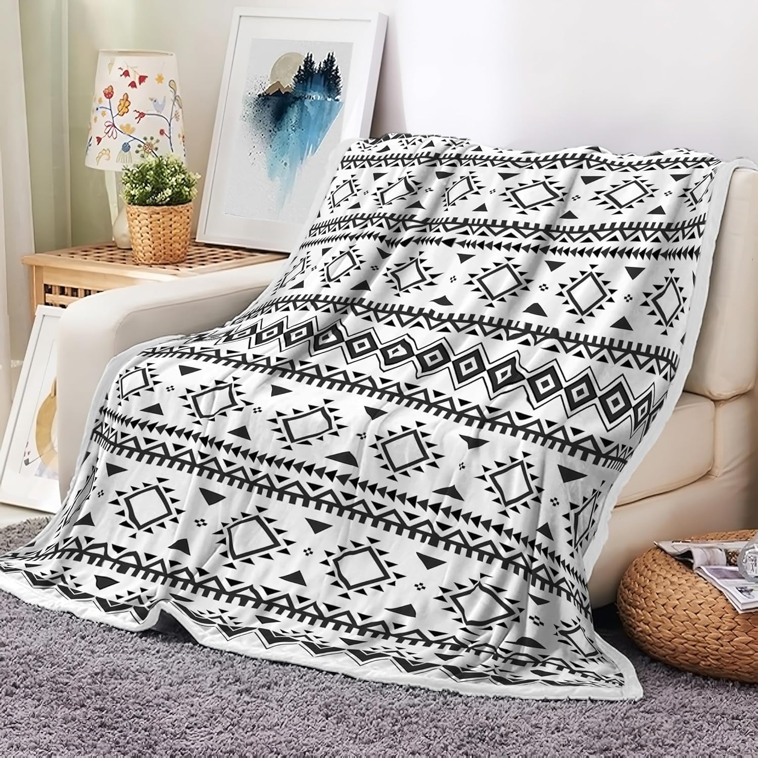 Boho Southwest Aztec Throw Blanket - Soft Black & White Navajo Flannel, 50x60in, Perfect for Couch, Bed, Chair, Living Room, Outdoor & Travel