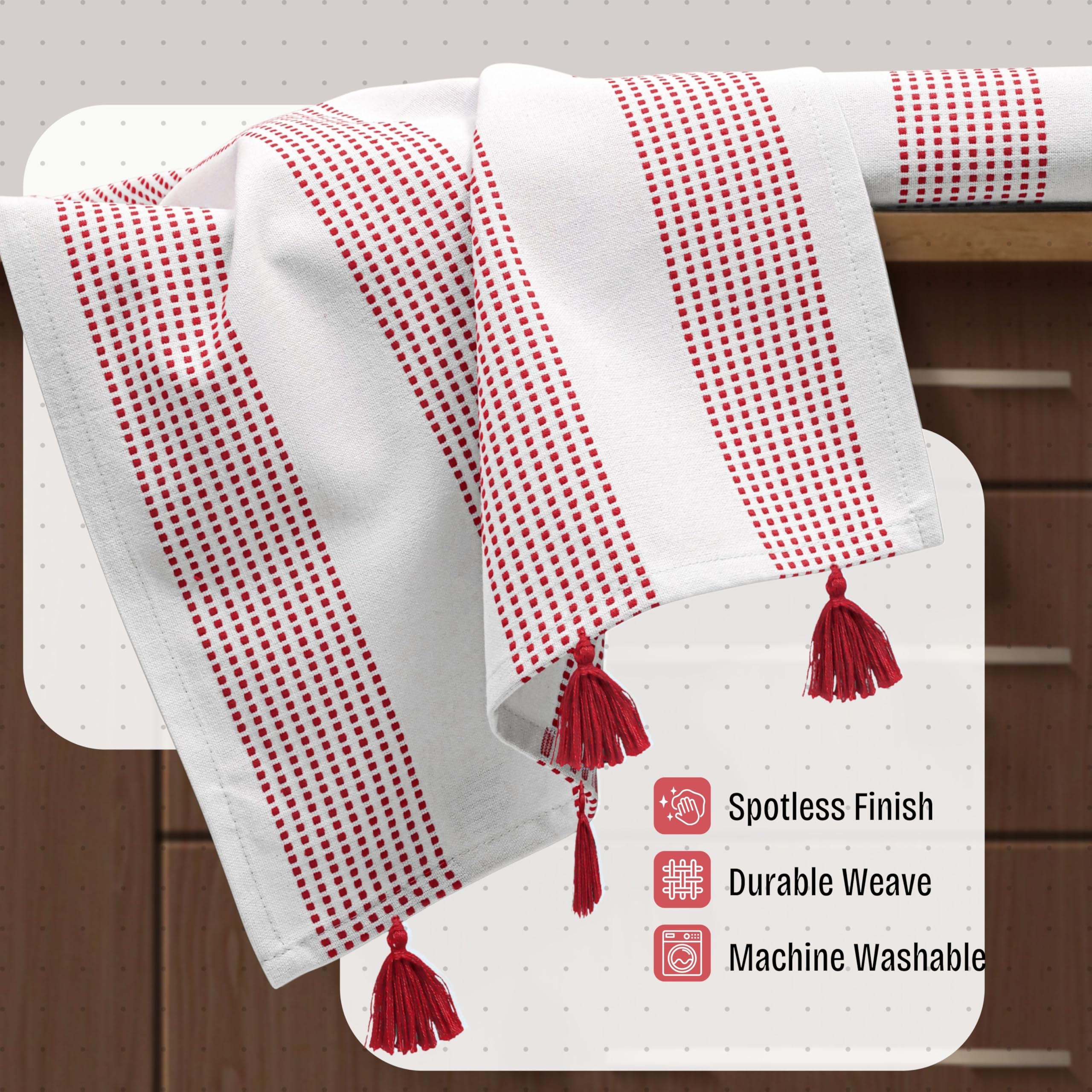 Strofinacci da cucina decorativi a pois rossi, 40 x 66 cm, confezione da 12, 100% cotone, super assorbenti e morbidi, ad asciugatura rapida, con nappe, per pulire, asciugare i piatti