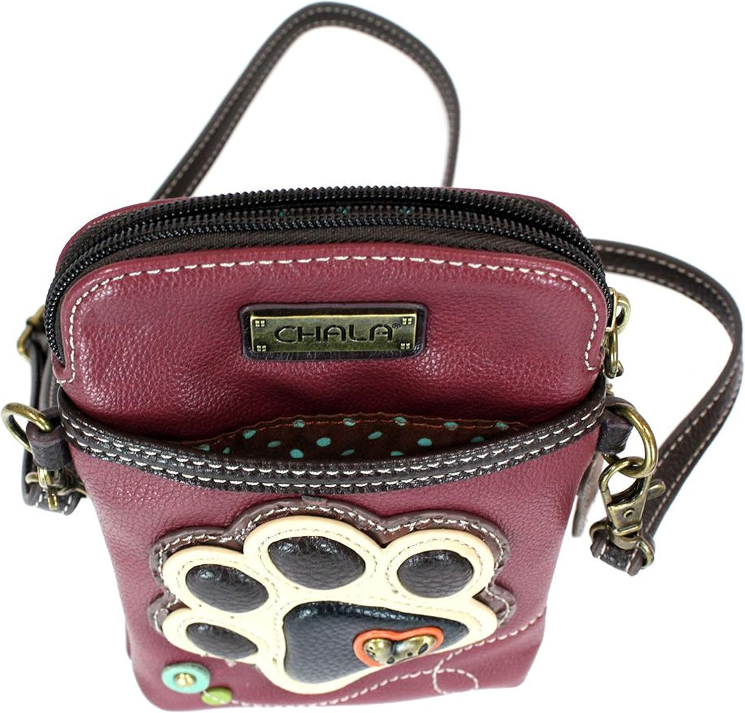 CHALA Dog Lovers Paw Print Cellphone Convertible Strap Crossbody Handbag Dog Lovers, Dog Mom (Ivory/Maroon)