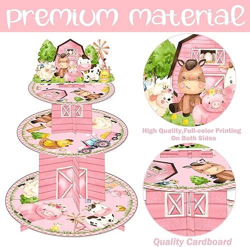 Miniatura 2 de Soporte para cupcakes de animales de granja rosa de 3 niveles para fiesta de cumpleaños de granja, torre de granero, fiesta, soporte para decoración