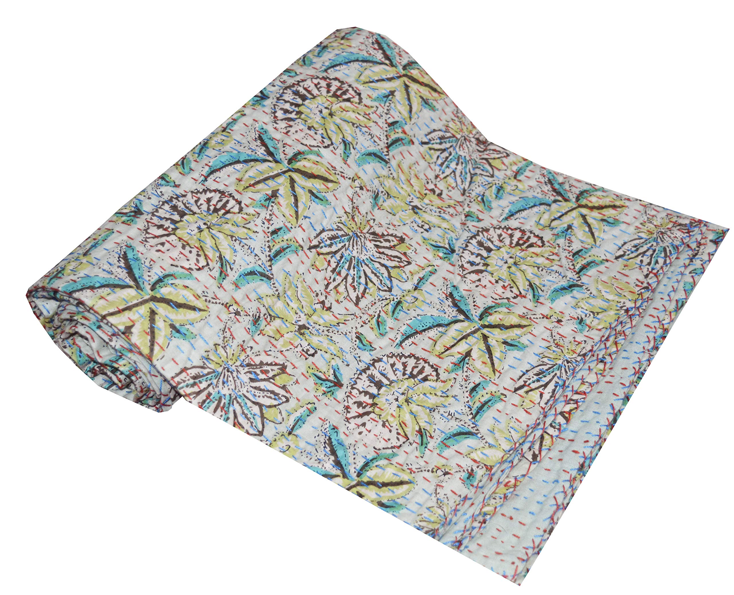 V Vedant Designs Indian Handmade Twin Cotton Kantha Quilt Throw Blanket Gudari Vintage Throw Bedspread (Floral)