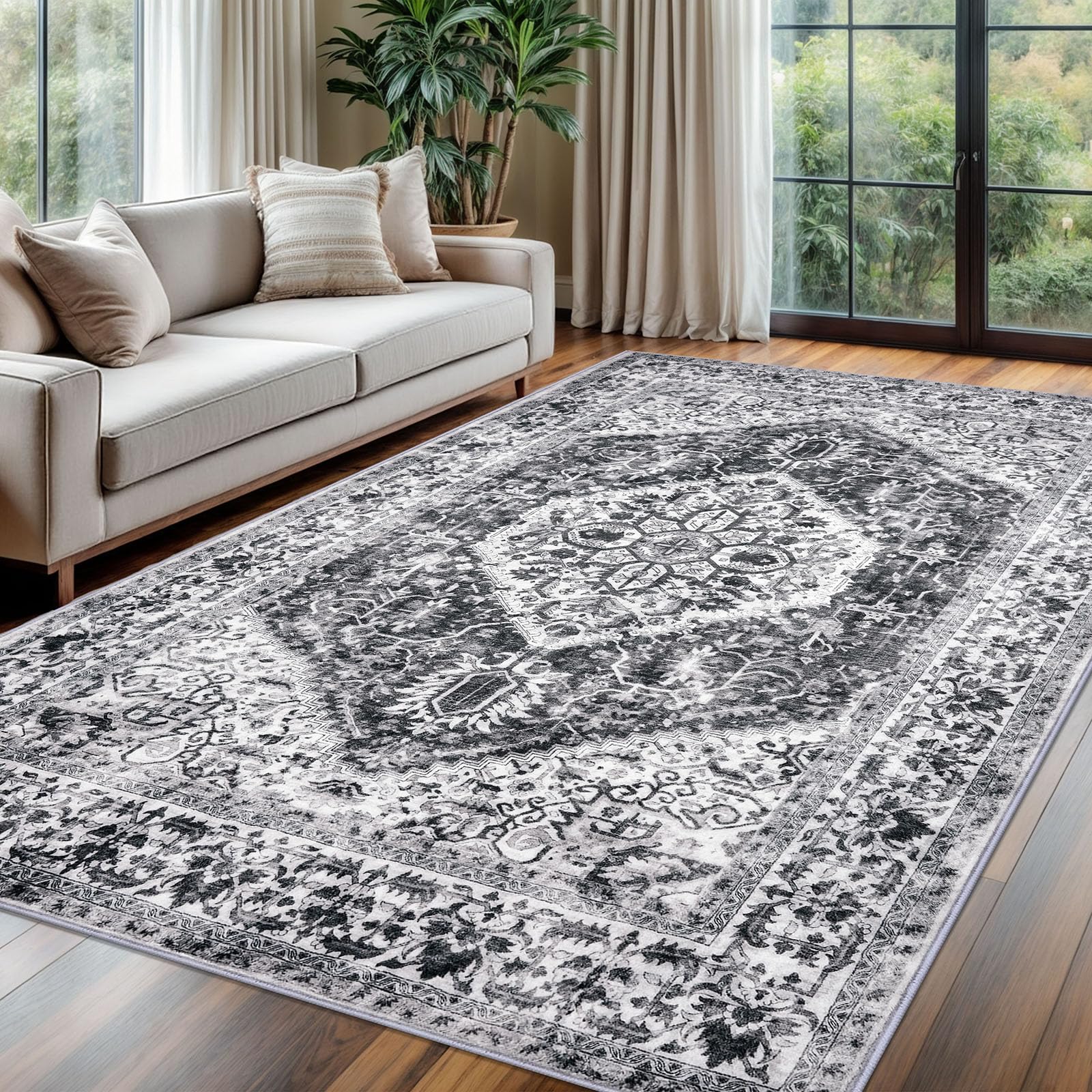 KOZYFLY Boho Area Rug, 6x9 Ft, Washable, Non-Slip, Printed Faux Wool, Floor Carpet for Dining & Living Room, Grey — image 1