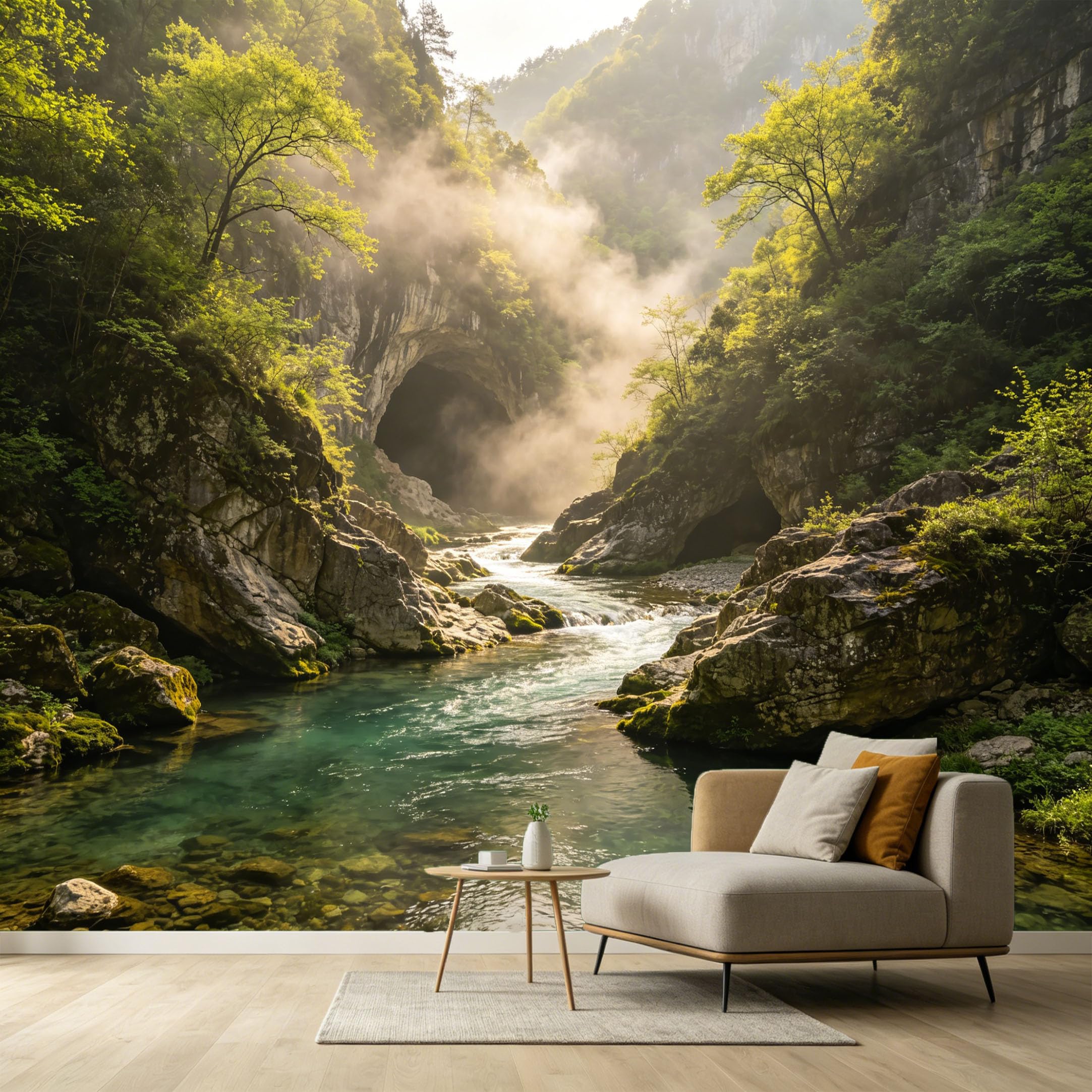 Custom Size Wall Murals Misty Cave Mountain River Landscape Forest Botanical SelfAdhesive Wall Fabric Removable Large Wallpaper for Photo Living Room