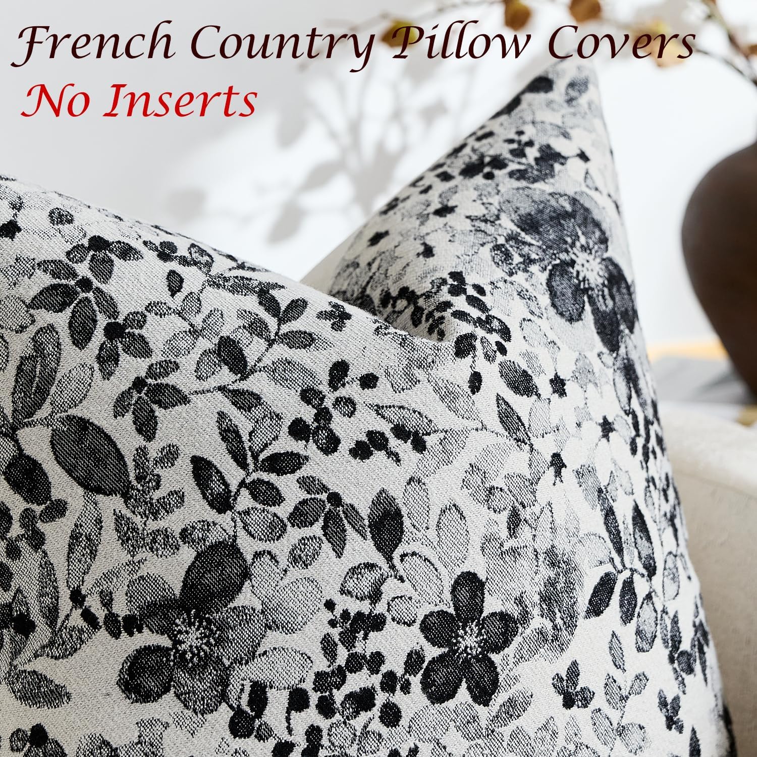 Vintage Floral Lumbar Pillow Covers 12x20 Pack of 2 Country Farmhouse Accents Chenille Jacquad Rectangular Decorative Throw Pillow Cases for Living Room Couch Bed Home Decor, Black - Image 2