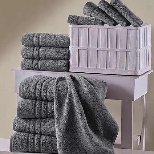 Miniatura 4 de Hawmam Linen Juego de 4 toallas de baño grises, toallas de algodón suaves, absorbentes, de secado rápido, para baño, 27 x 54 pulgadas