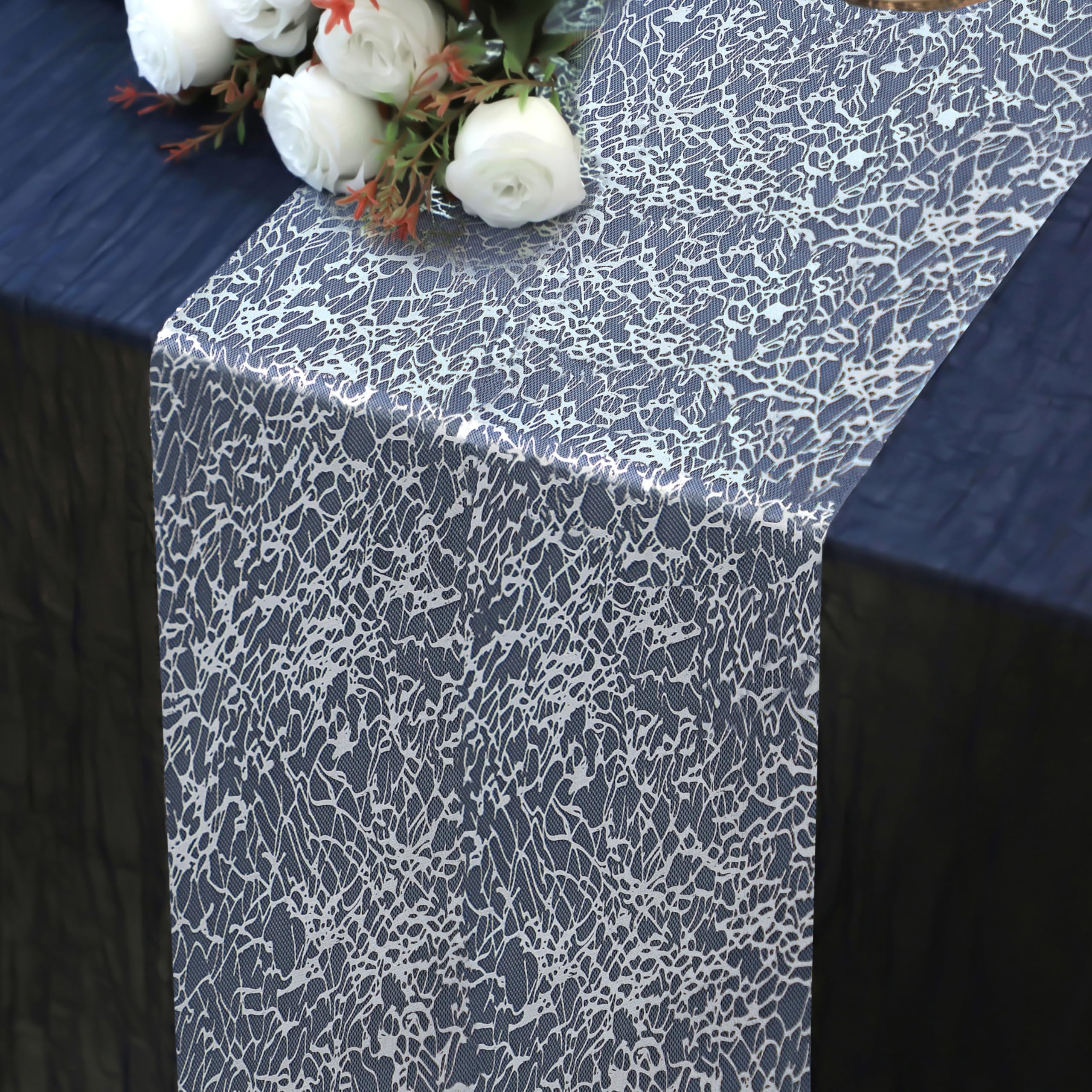 Snowkingdom 20Ft Silver Table Runner, Sparkly Metallic Glitter Foil Mesh Crackle Table Runner, Silver Dining Centerpieces Decorations for Wedding Christmas Holiday Celebration Party Decor 240 Inch