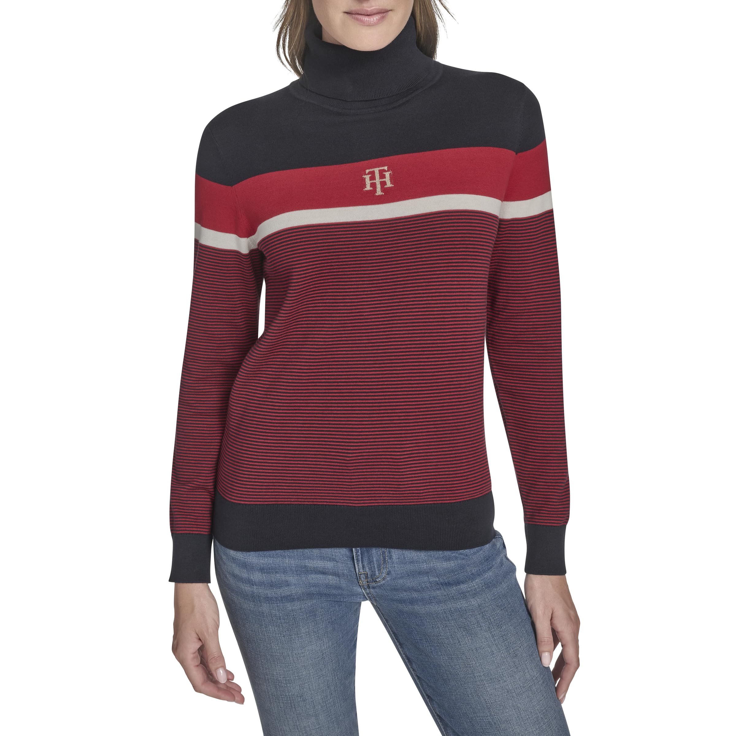 Tommy Hilfiger Women's Sky Captain Multi Stripe Long Sleeve Cotton Turtleneck Light Weight Sweater, Small