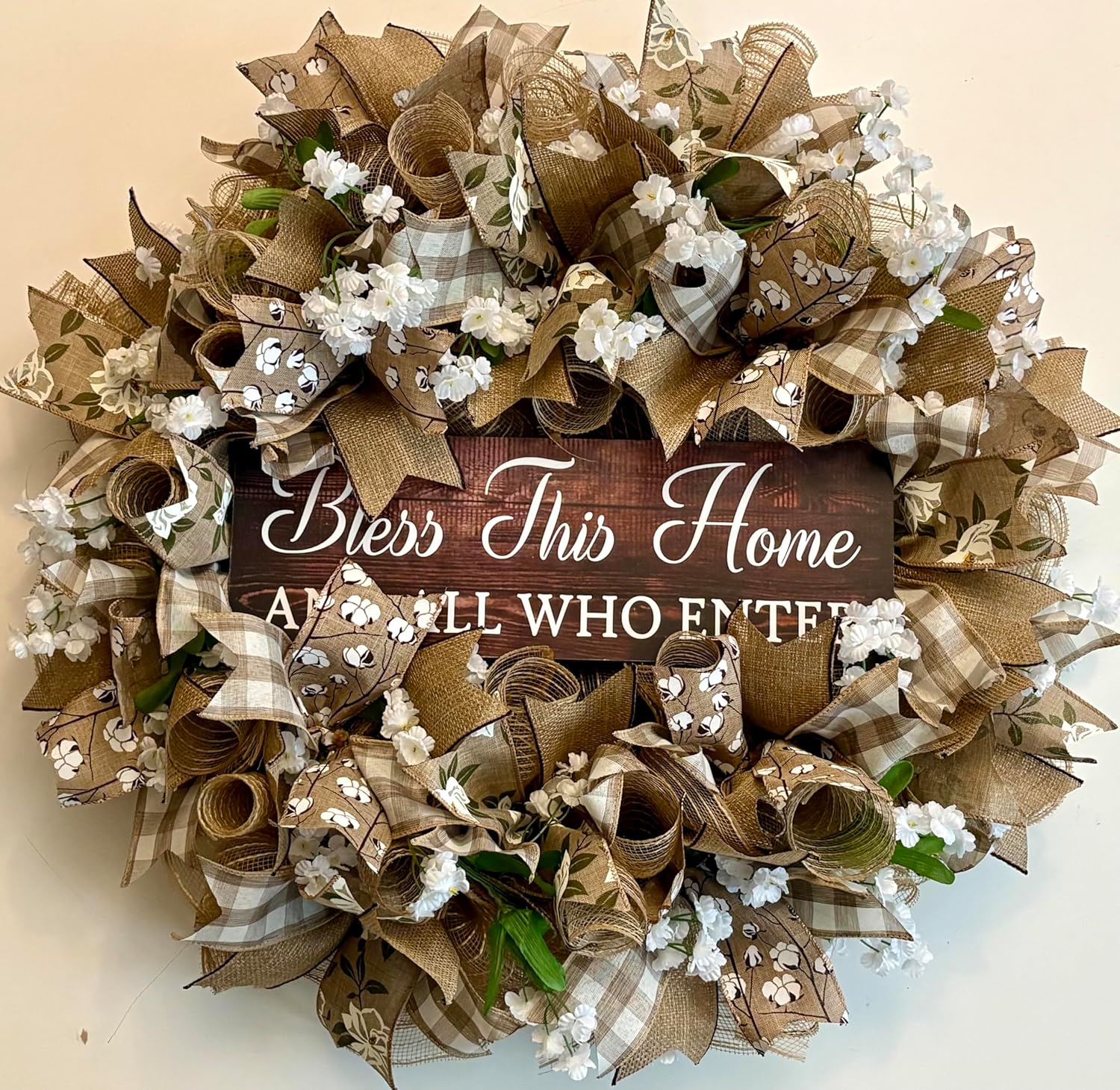 Bless This Home Magnolia & Cotton Deco Mesh Front Door Wreath, Farmhouse Farm Style Decor, Porch Patio Decoration, Fall, Spring, Summer, Everyday Wedding Decor