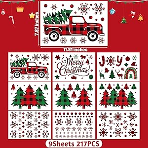 217 PCS Merry Christmas Window Clings, Red Black Green Plaid Christmas Tree Patterned Decorations, Double Sided Snowflake Decals Stickers for Winter Xmas Party Home Indoor Decorations Decor