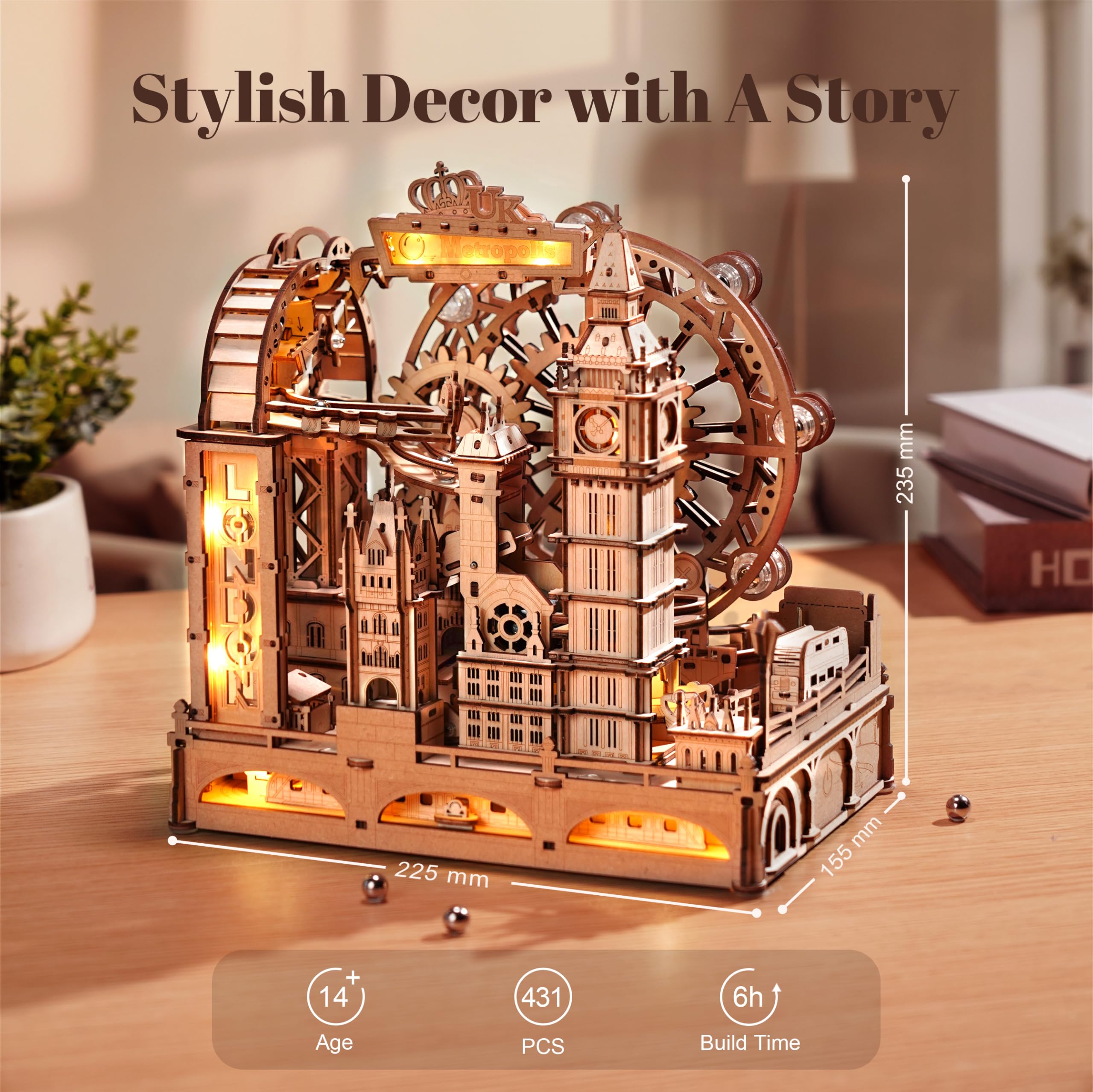 ROBOTIME Drewniane puzzle 3D z obwodem kulkowym - model City of London do montażu, model mechaniczny ze światłami dla dorosłych i nastolatków, dekoracyjny zestaw kreatywny, EGB01