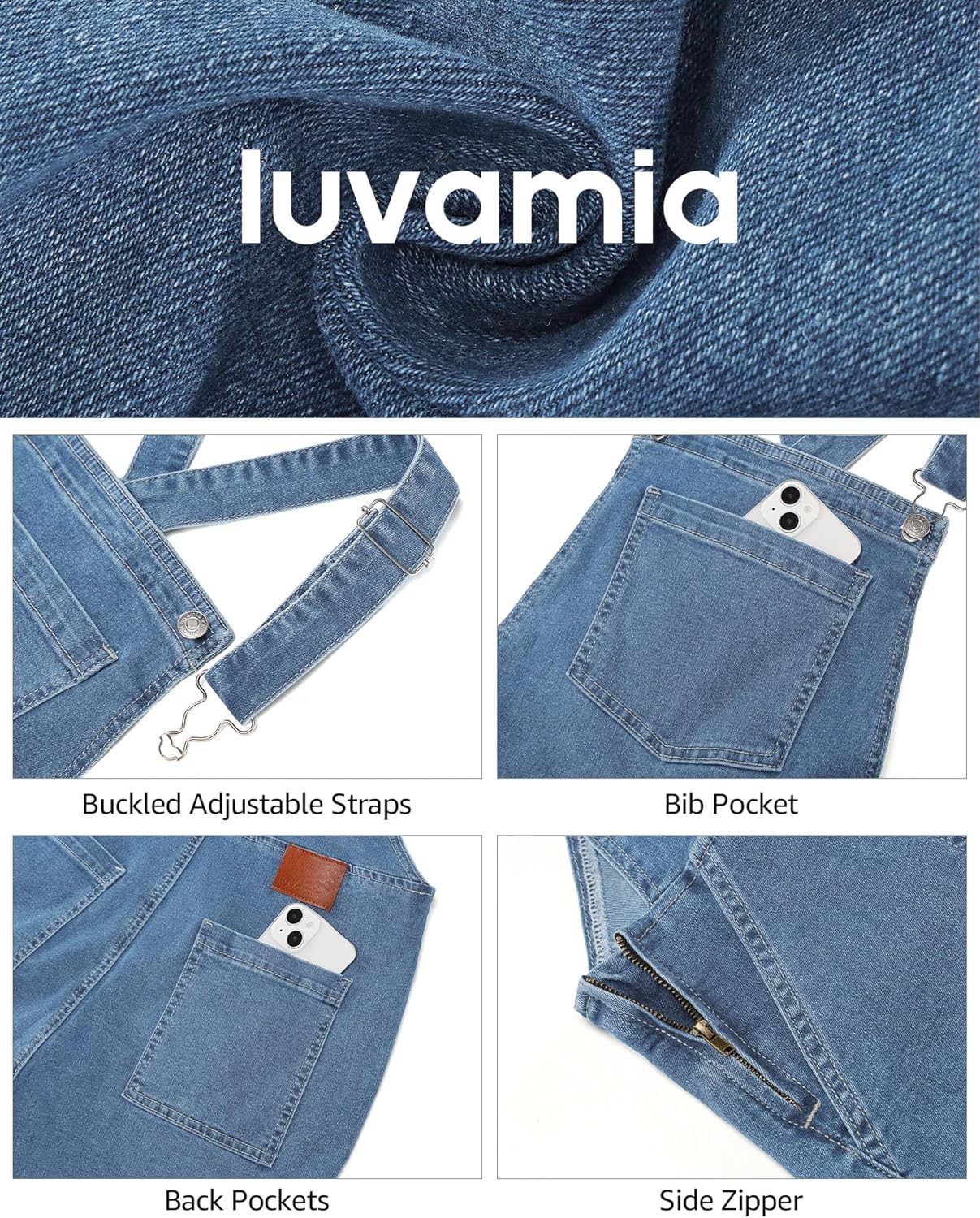 luvamia Jean Overalls for Women Shorts Bib Adjustable Straps Side Zip Stretchy Denim Rompers Casual Summer Shortalls - Image 4