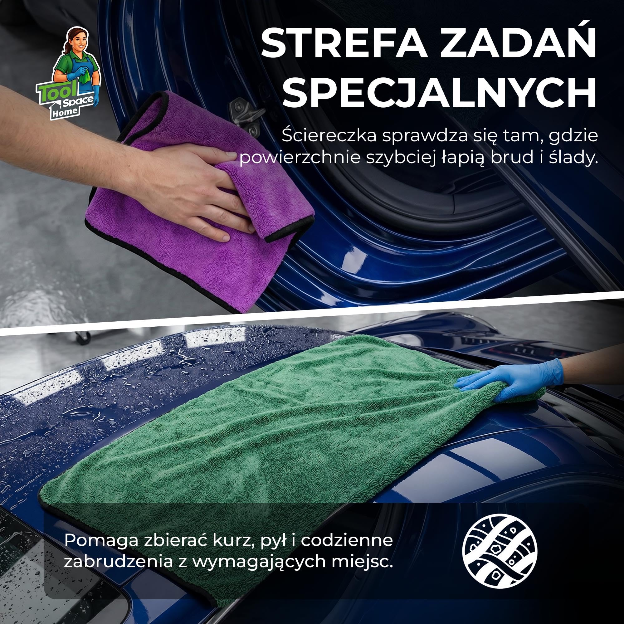 ToolSpace Zestaw Ręczników Samochodowych z Mikrofibry 60x90cm 1300gsm i 38x46cm 600gsm 2 szt. do Osuszania Auta Lakieru Szyb Detailingu Chłonne Miękkie Wielorazowe Bez Smug Premium Mikrofibra i Wosku