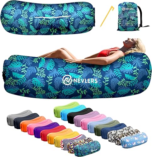 Miniatura 34 de Nevlers Tumbona inflable negra y azul, paquete de 2 unidades, juego de sofá inflable de poliéster 210T, sofá inflable sin bomba, muebles de exterior