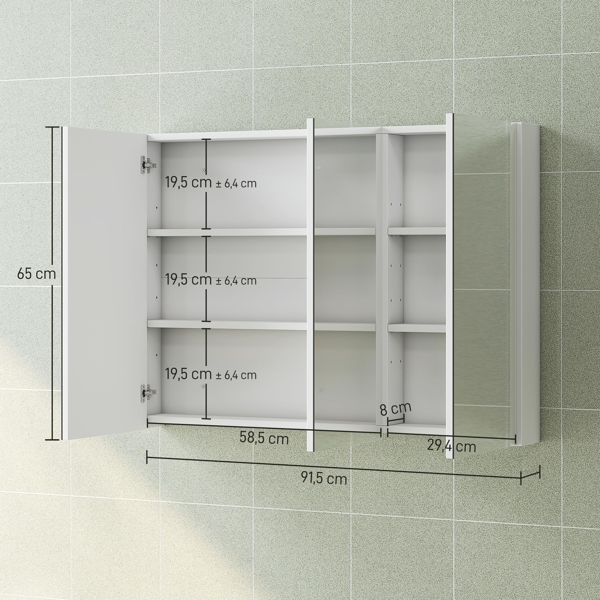 HOMCOM Armario de Baño con Espejo Armario de Pared para Baño de Colgar con 3 Puertas y Estantes Regulables 91,5x11,5x65 cm Blanco