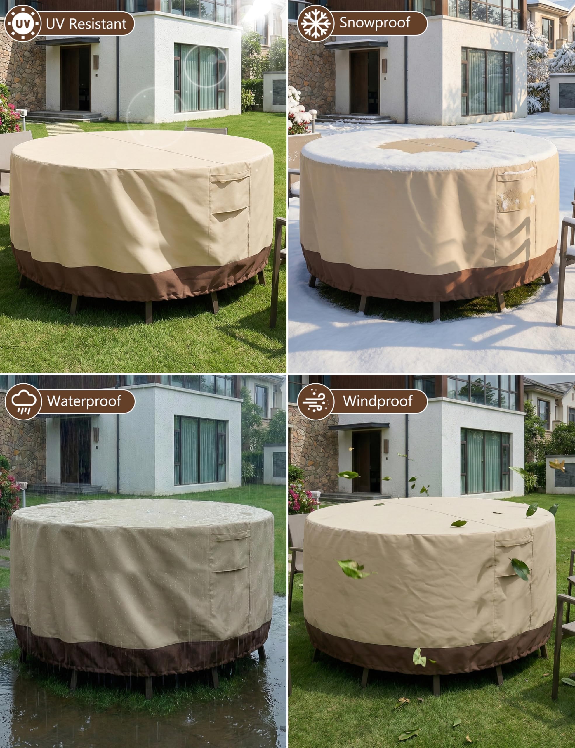 Vailge Coperture rotonde per mobili da patio, 100% impermeabili, per set di mobili da esterno, anti-scolorimento, resistenti ai raggi UV, diametro 243,8 cm, diametro 243,8 cm, beige e marrone