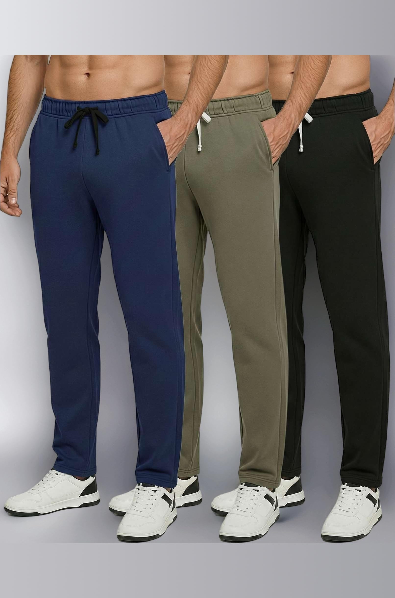 Real Essentials 3 Pack: Men's Tech Fleece Active Athletic Casual Open Bottom Sweatpants with Pockets Set