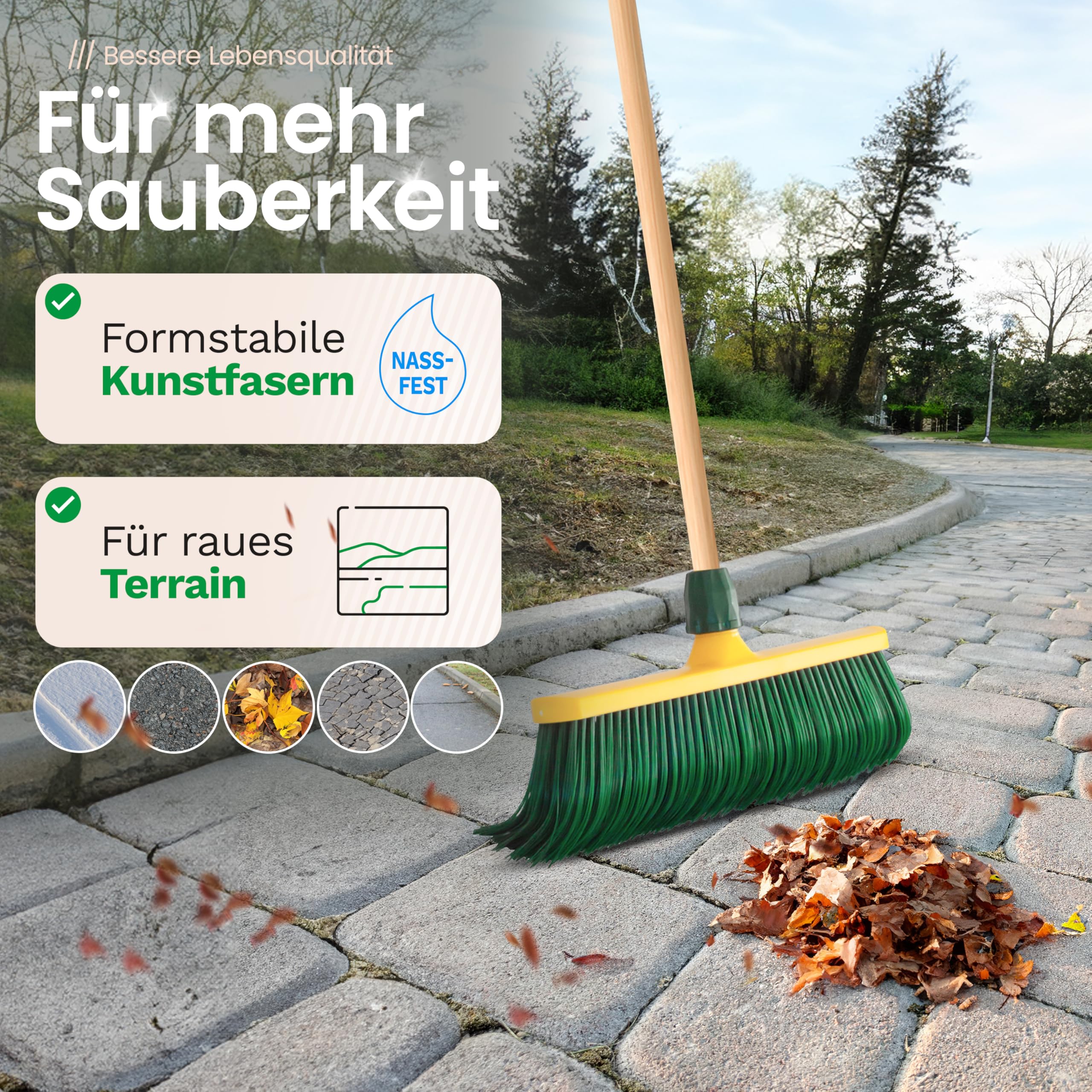 Novaliv 2 x Krallenbesen 30 cm Kunststoff mit Holzstiel I Laubbesen Gartenbesen I Straßenbesen Kehrbesen Gebogene Borsten
