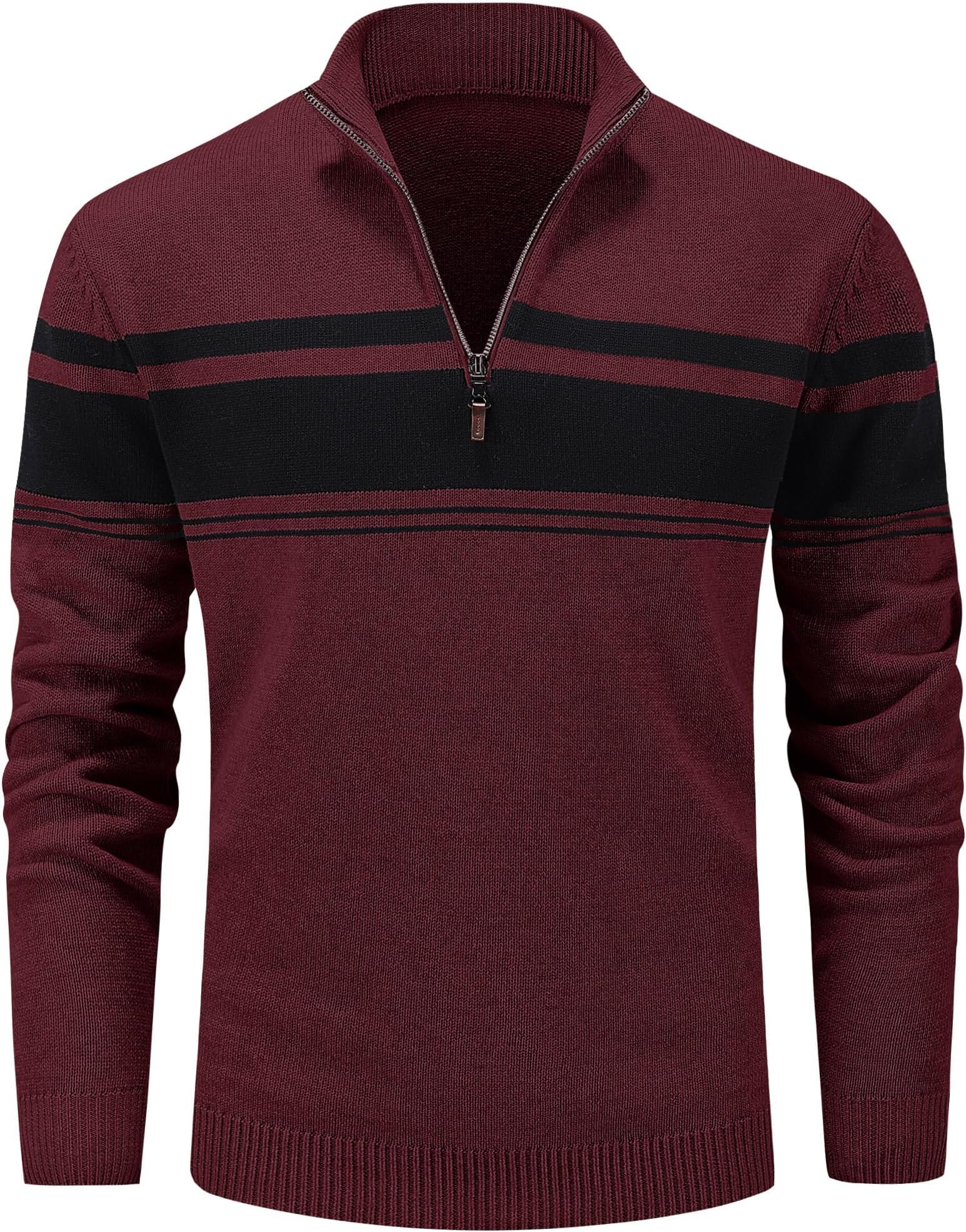MAGCOMSEN Men's Sweaters 1/4 Zip Up Casual Striped Pullover Polo Sweaters Fall Winter Sweatshirts, Wine Red, L