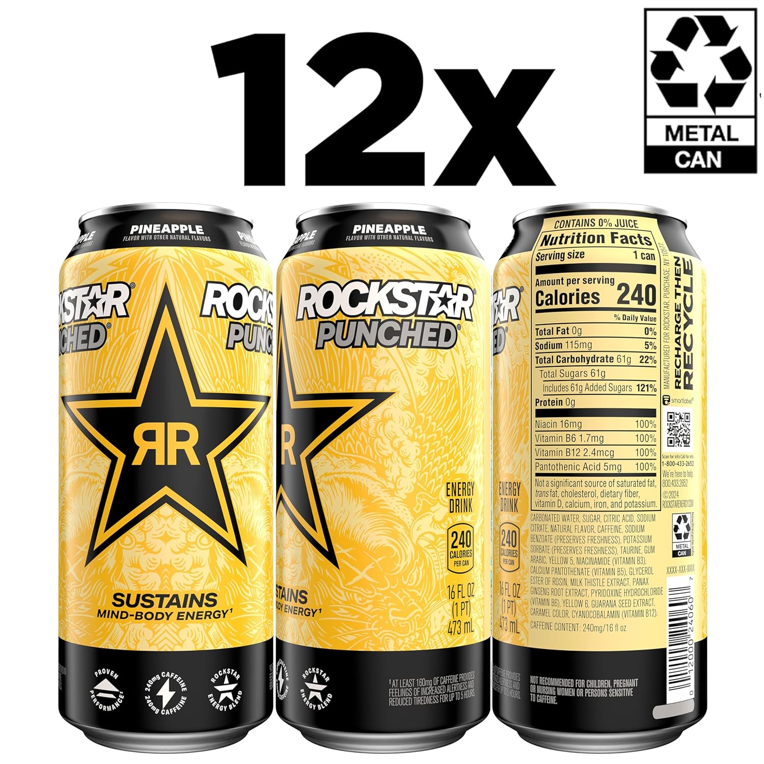 Rockstar Punched Energy Drink, Pineapple, 16 Fl Oz Cans (Pack of 12)