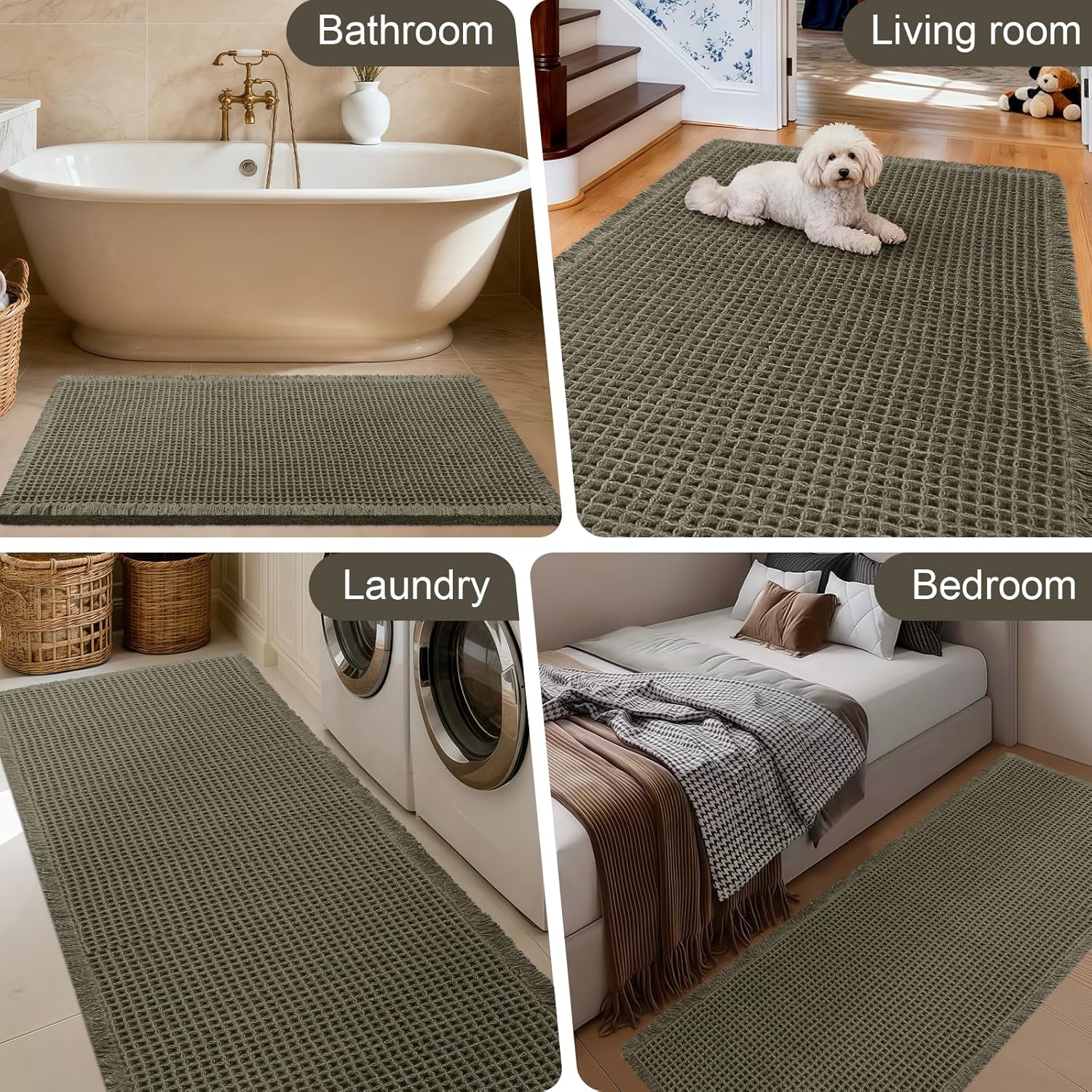 Upgraded Waffle Bath Mat, 32"x20" Greyish Green, Super Absorbent Non-Slip Quick Dry Bathroom Rugs with Tassels, Machine Washable Ultra Soft Boho Bath Rugs for Floor, Toilet Mats Boho Farmhouse Decor
