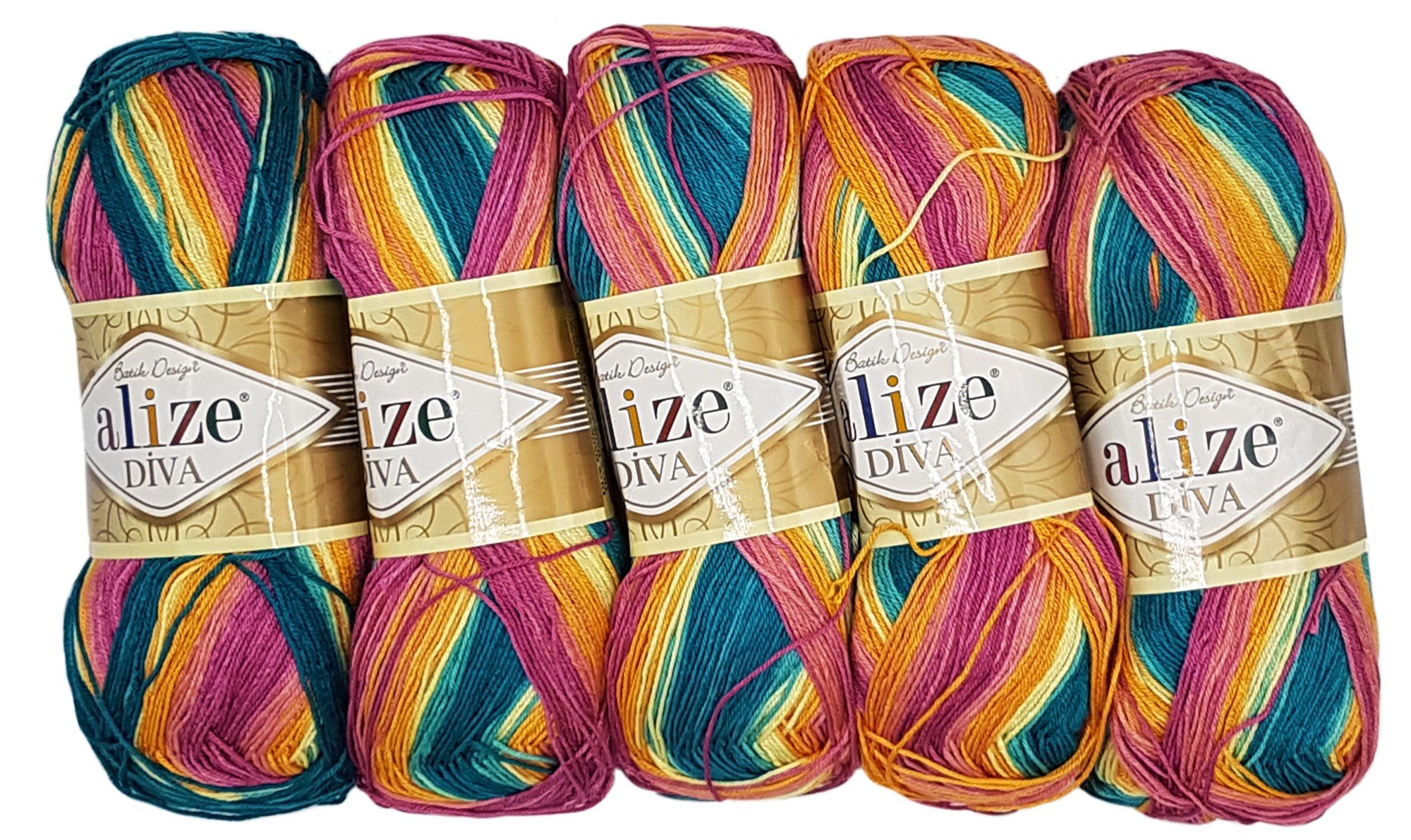 5 x 100 g Alize Diva Batik Wool Multicoloured with Colour Gradient, 500 g Mercerised Knitting Wool Microfibre Acrylic (Pink Pink Orange Green 4572)