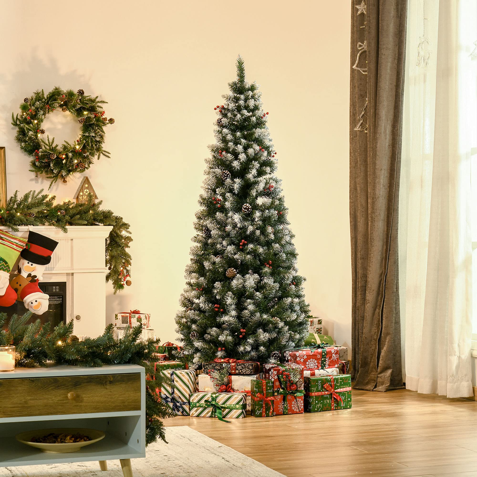 HOMCOM Árbol de Navidad Plegable 180 cm con Nieve 618 Ramas 30 Bayas 34 Piñas Hojas Apertura Automática y Soporte Metálico Decoración Navideña para Interior Verde