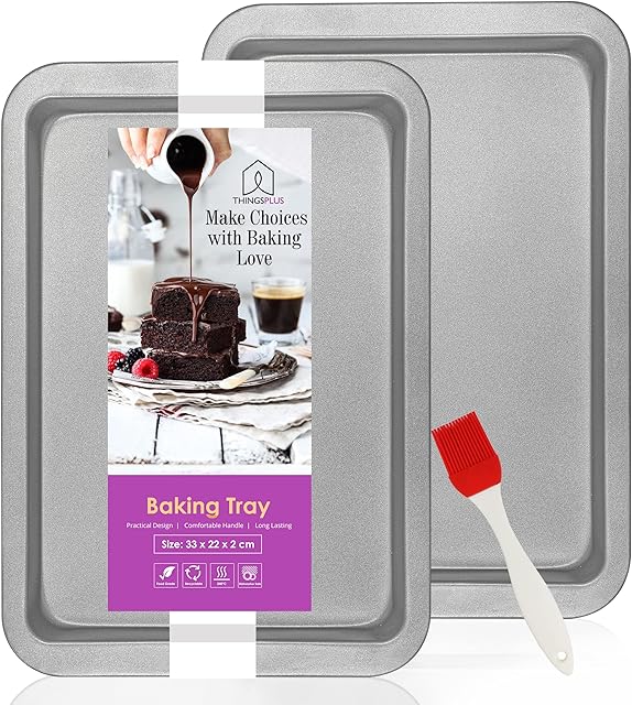ThingsPlus Baking Trays for Oven Non Stick, Premium Quality Non-Stick Oven Tray Set with Teflon Coating, Carbon Steel Baking Tray Set of 2 with Silicone Pastry Brush for Cookies & Savories (33x22x2cm)