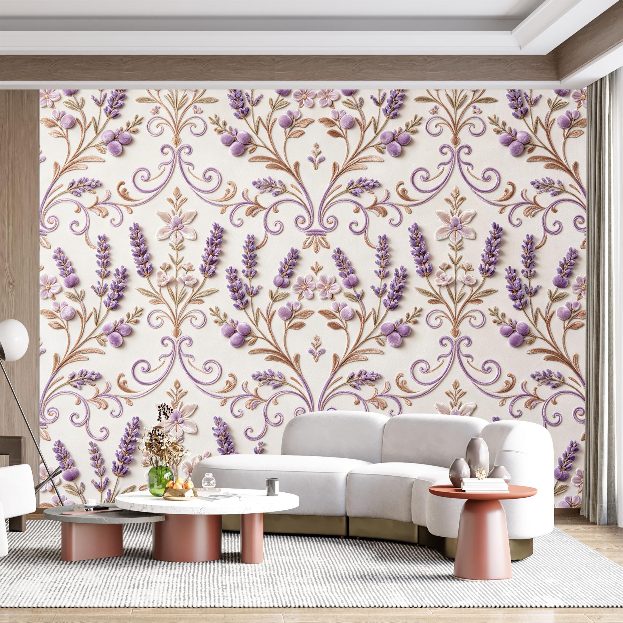 Custom Size Wall Mural Lavender Floral Botanical Watercolor Scrollwork Baroque SelfAdhesive Wall Fabric Removable for Home Office Decor
