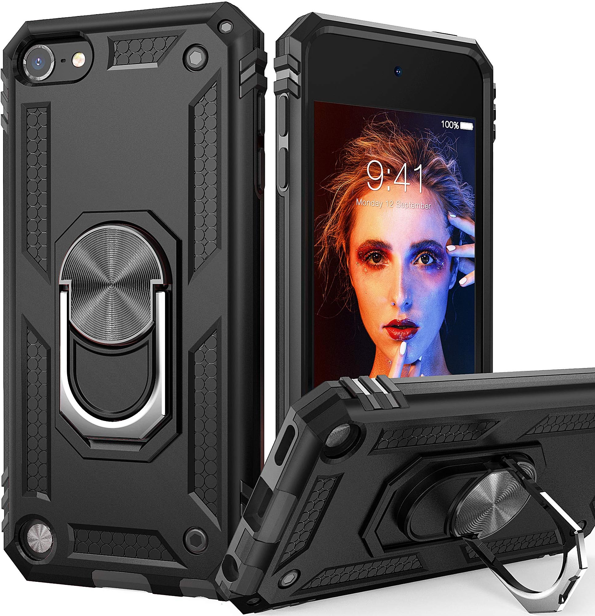 for iPod Touch 7 Case, for iPod Touch 6 Case with Car Mount,Hybrid Rugged Shockproof Protective Cover with Built-in Kickstand for for iPod Touch 5 6 7th Generation, Black