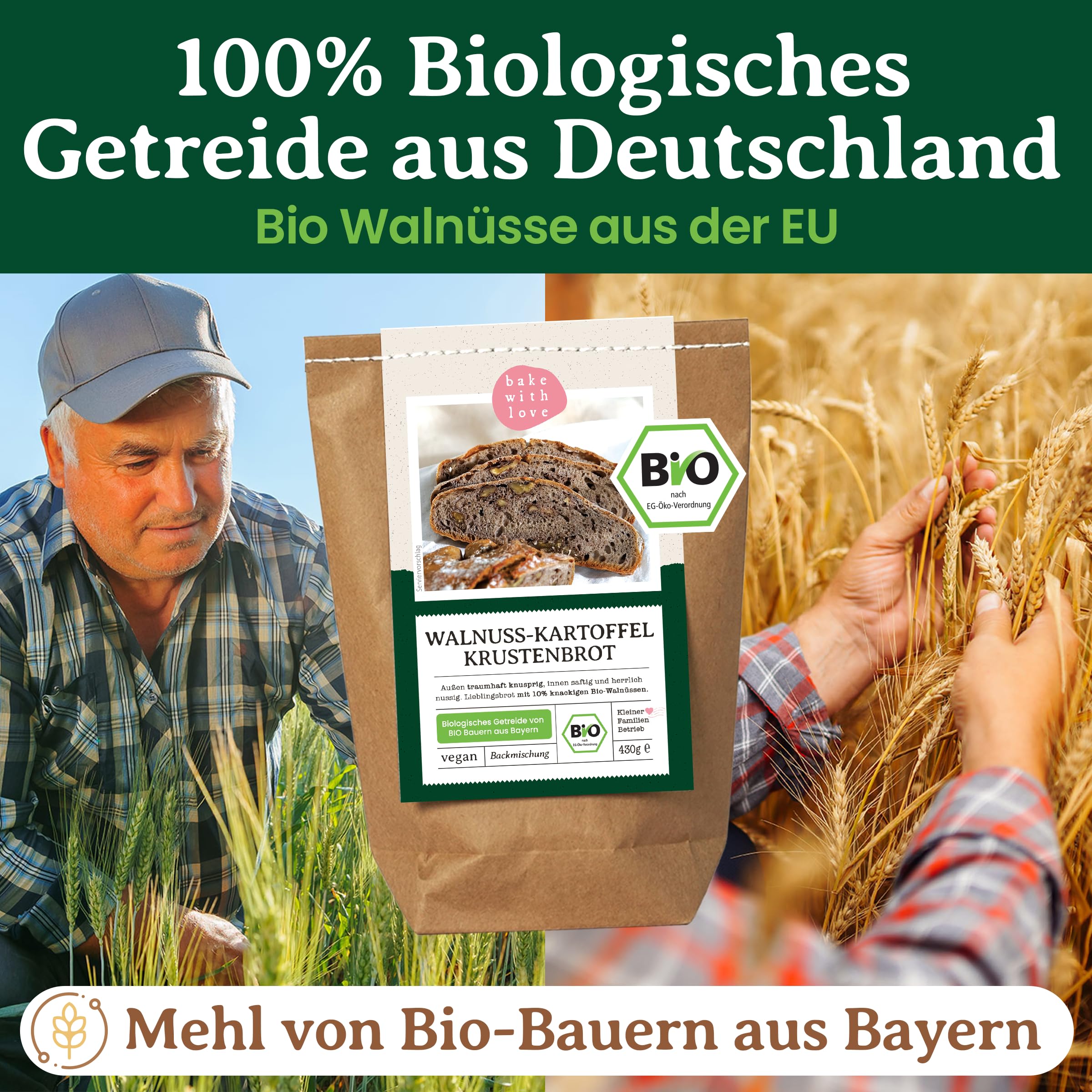 Bio Brotbackmischung Walnussbrot - Kartoffelbrot mit Weizen, Roggen & Walnüssen - Brotbackmischung für Brotbackautomat & Ofen - Brot selber backen - Bake with Love - 10er Pack