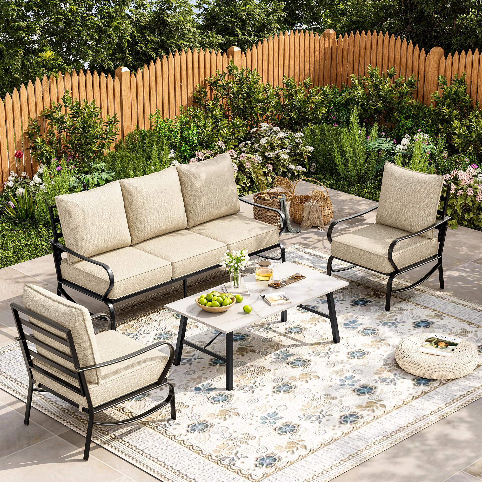 Amopatio 4-Piece Patio Conversation Set with Fixed Chairs & Marble Coffee Table