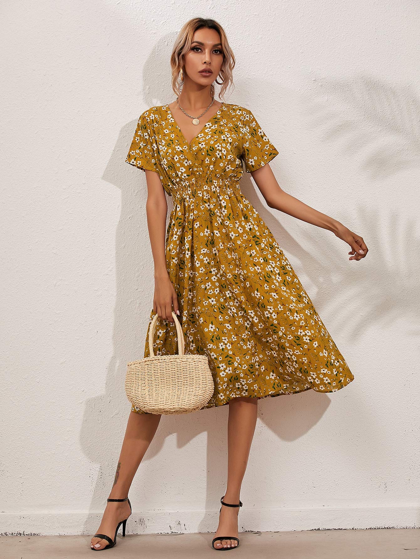 Amazon.com: Neeno Women's Dresses Allover Floral Shirred Wrap Dress Dress  for Women (Color : Mustard Yellow, Size : Large) : Clothing, Shoes & Jewelry