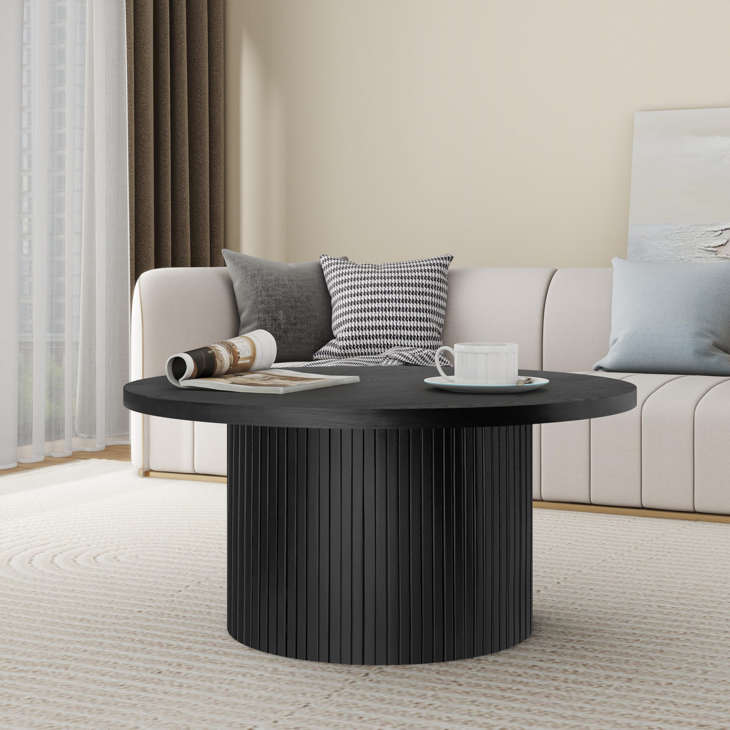 Large Round Wood Coffee Table Mid Century Modern 35 5 Diameter Coffee Tables for Living Room Drum Shape