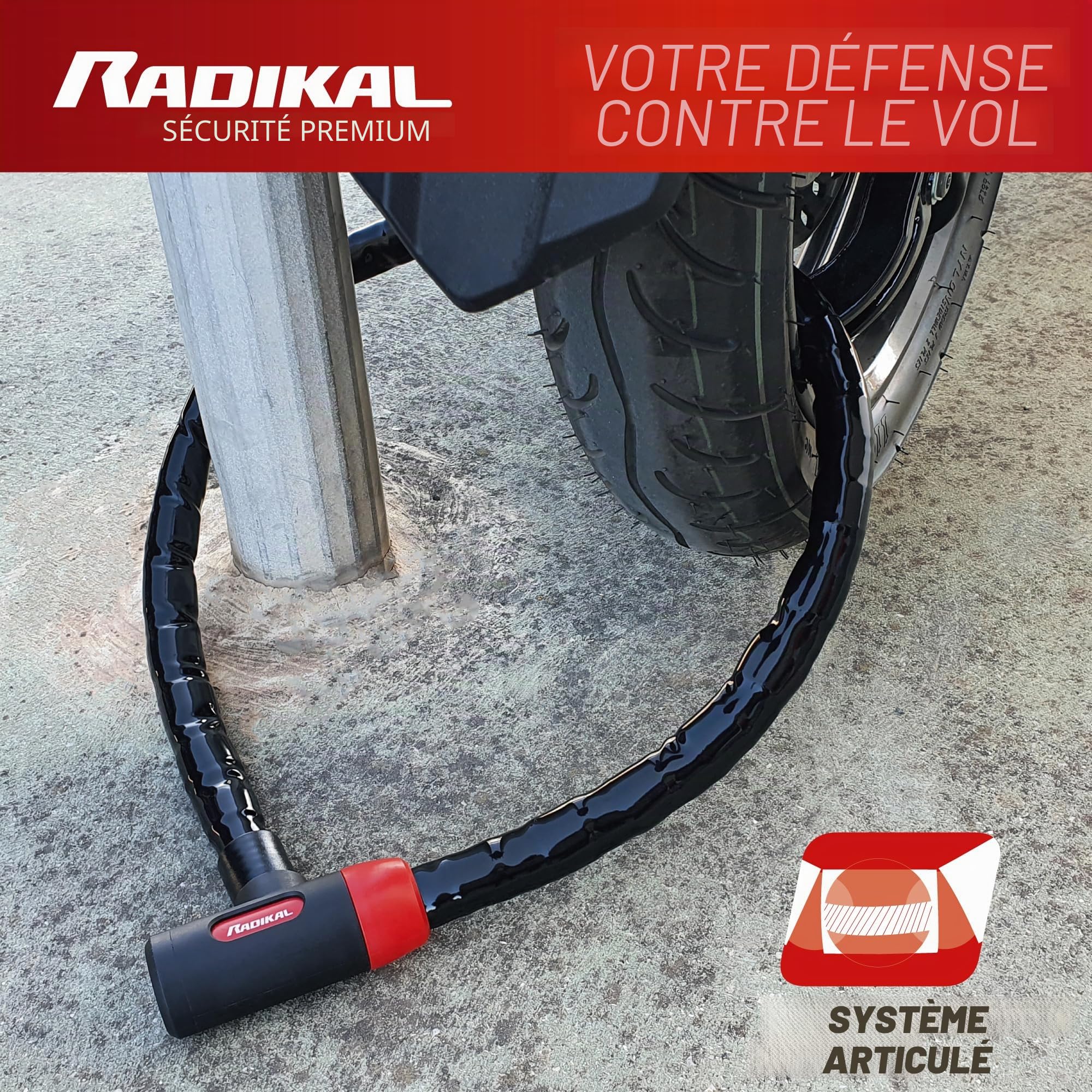 RADIKAL RK520 Antivol Moto et Velo, Python Câble en Acier Articulé Blindé de 120 cm, Flexible, Serrure Haute Sécurité, Anti vol pour Moto, Vélo, Scooter, 120 cm