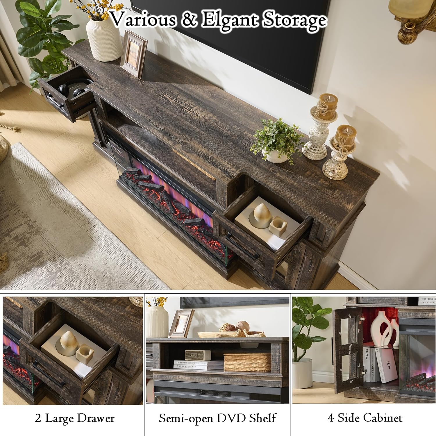 3-Side Fireplace TV Stand for up to 80 Inch TV, LED Entertainment Center with 36 Inch Electric Fireplace, Farmhouse TV Console Table w/Drawers & Cabinets for Living Room, Dark Rustic Oak