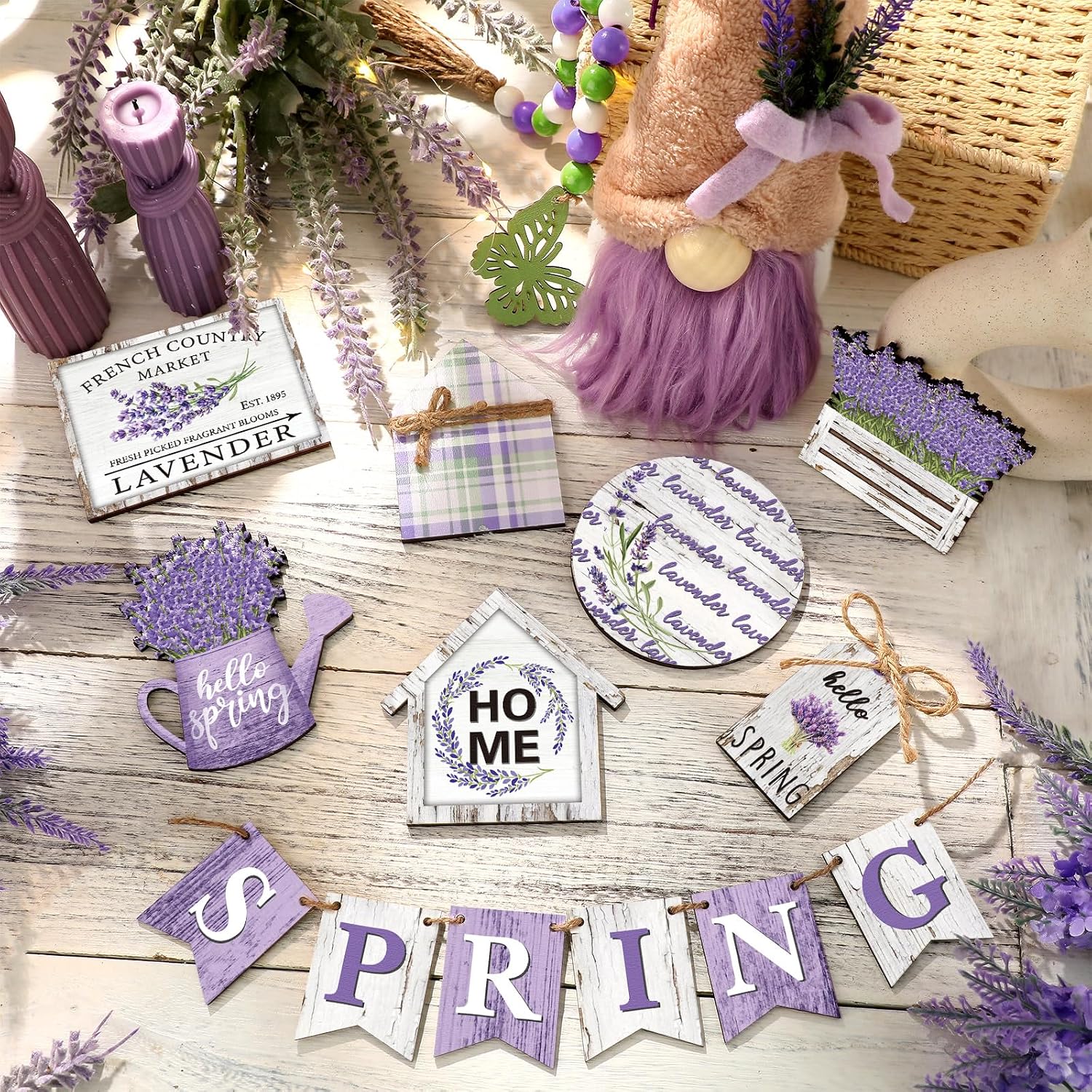 Soaoo 16 Pcs Lavender Decorative Trays, Tiered Tray Decor, Purple Flower, Wooden Sign, Summer Spring Rustic Farmhouse Table Shelf Decorations