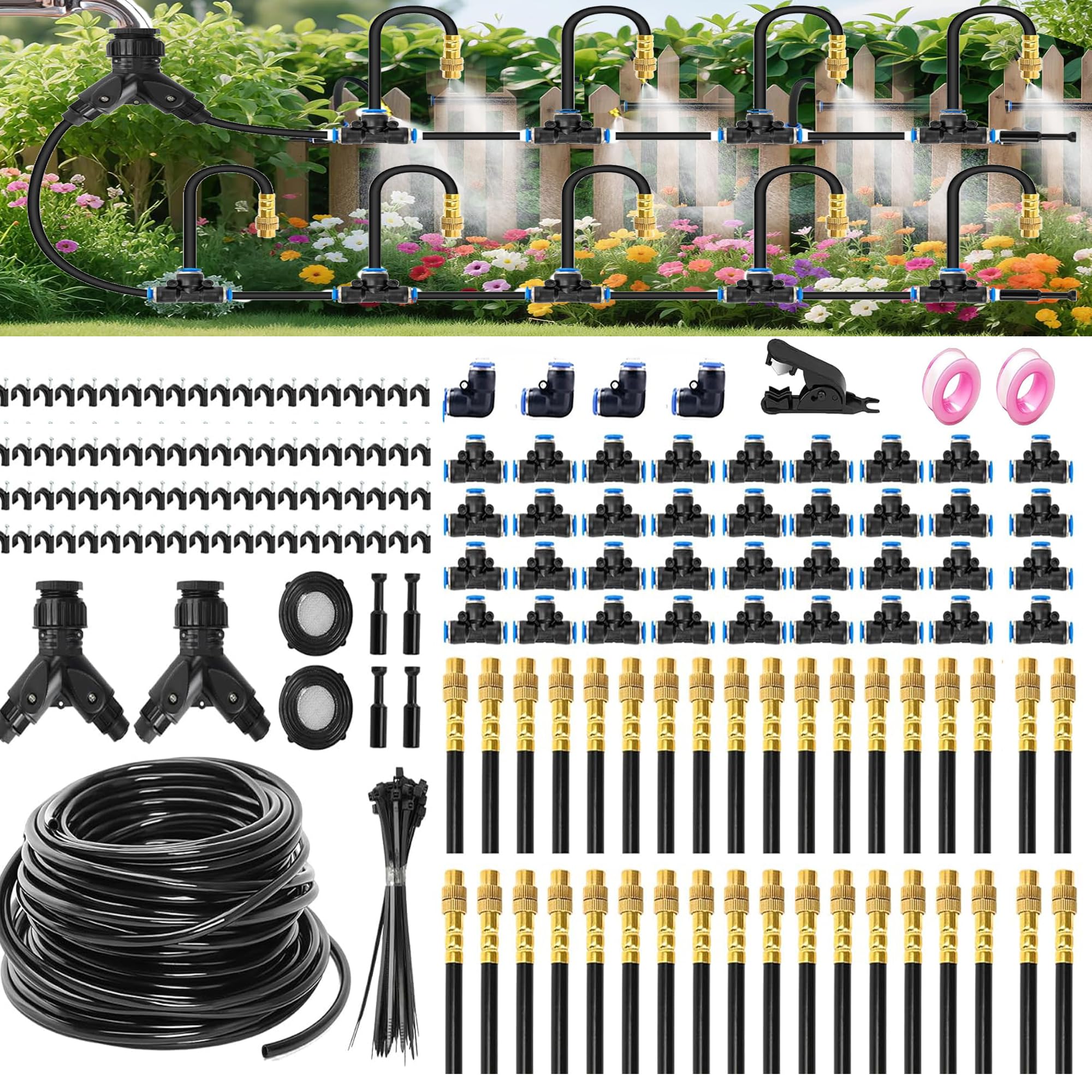 Tropfbewässerungssystem mit Messingdüsen – 2026 Upgrade 60 m Gartenbewässerungsset mit 36 Stück 360° verstellbaren Sprühsprinklern, Schnellverbindungsbeschlägen für Hochbeete, Rasen, Terrasse