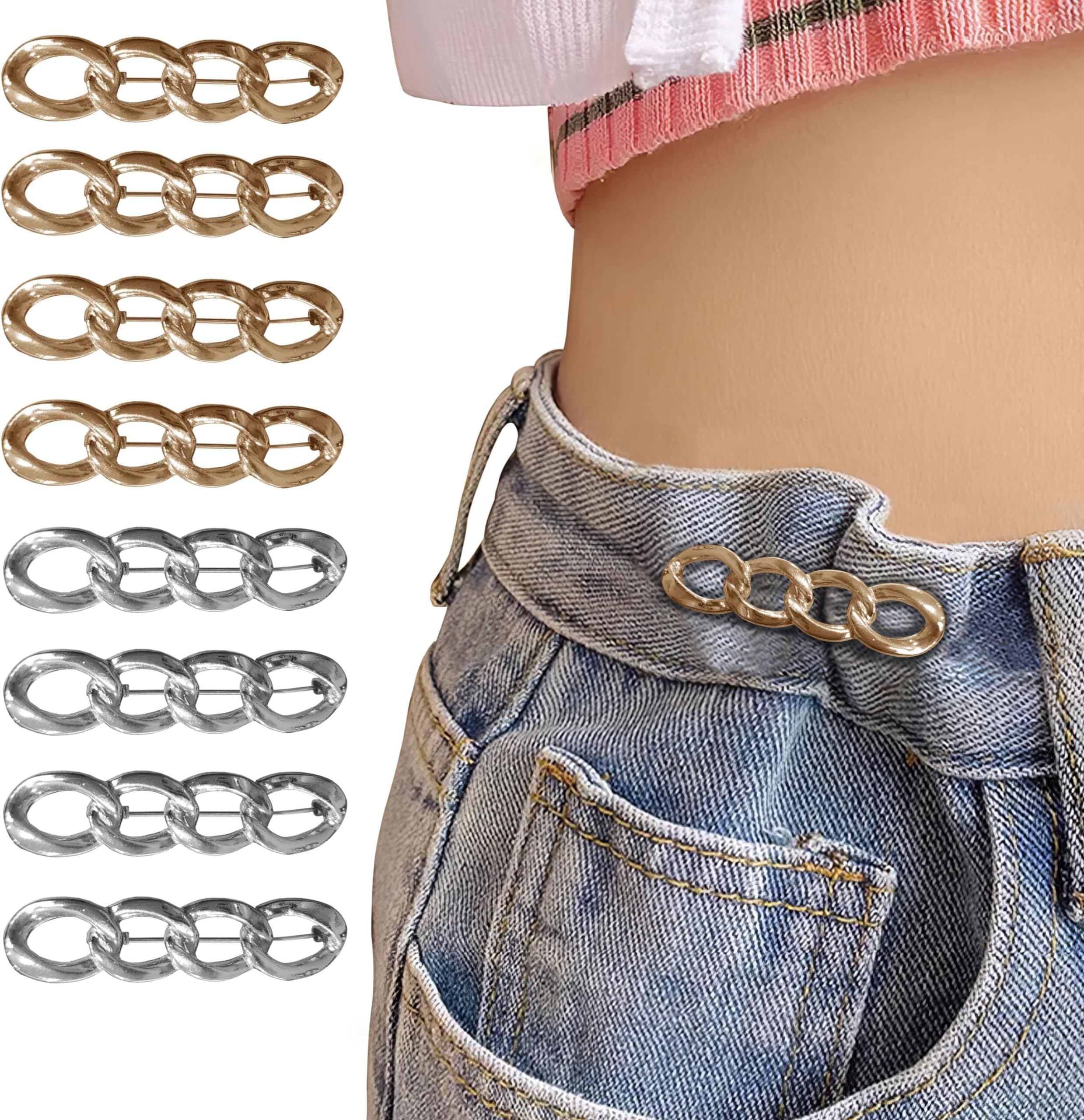 HBSTUDIO 8 Sets Pant Waist Tightener Adjustable Jeans Button Pin, No Need to Sew Detachable Button Pins, Perfect Fit Detachable Instant Button. (Silver and Gold)