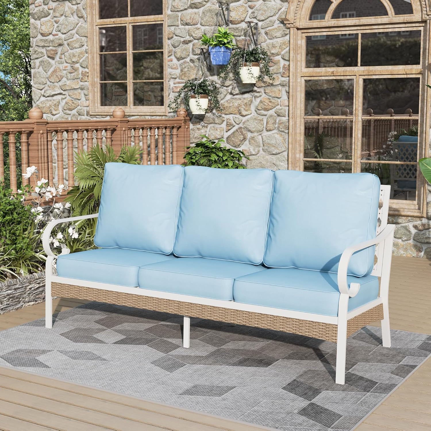 Patio Sofa Outdoor Furniture Metal Chair, 3 Seat Sofa with 5.5 Inches Cushion for Garden, Front Porch, Deck, Balcony, Backyard, Blue
