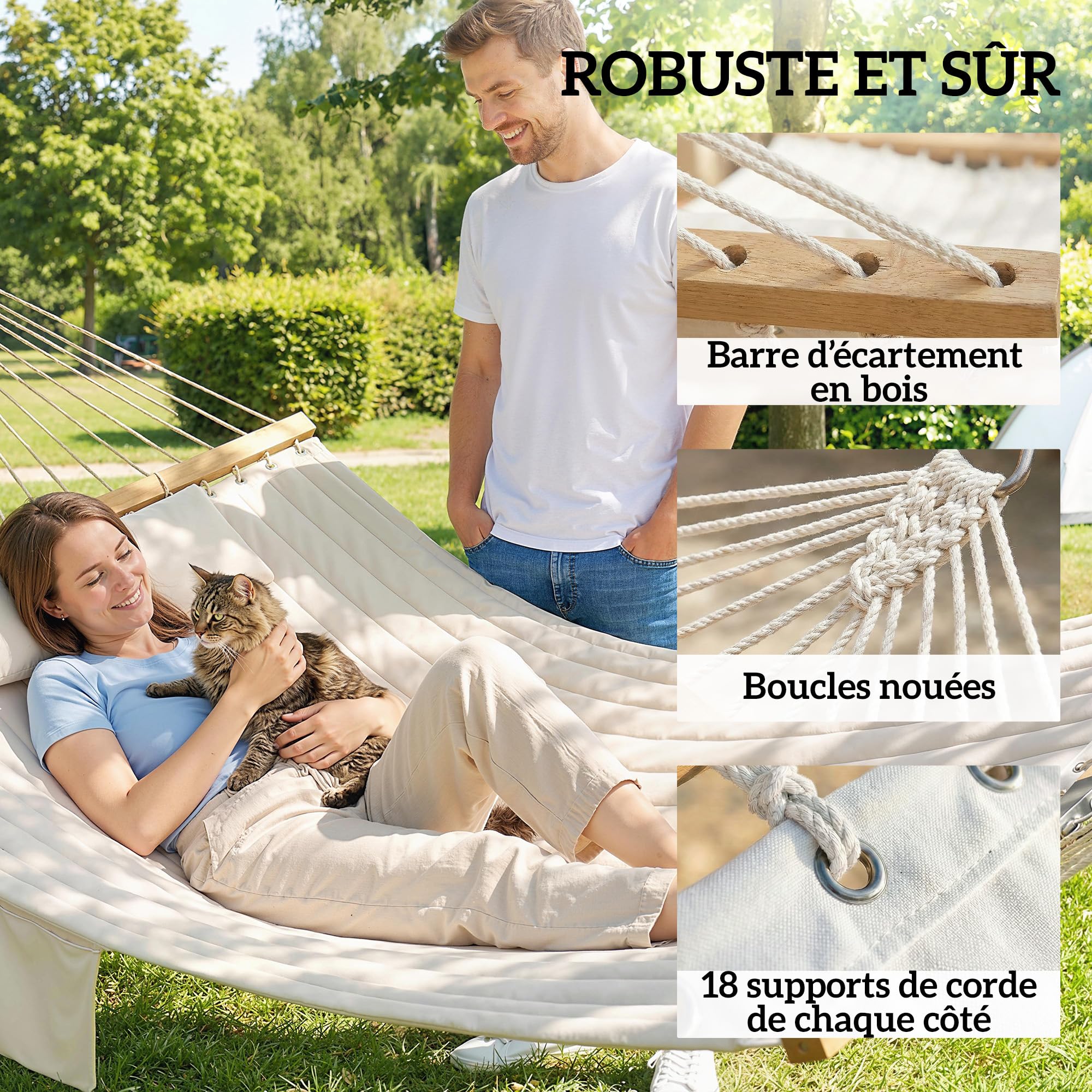 Outsunny Hamac Suspendu 325 cm, hamac avec Oreiller Extra-Long, Tissu matelassé, Poche pour Magazines, Barres Anti-basculement en hêtre courbées en Forme de V, intérieur et extérieur, crème - 5
