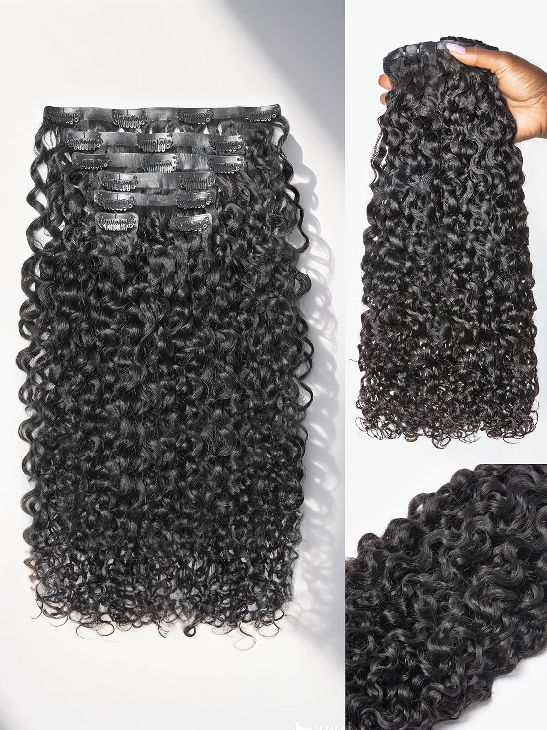 LUVME Burmese Curly Clip in Hair Extensions Real Human Hair Messy Curly Clip Ins Fullness with 2 Pack for Women Brazilian Remy Human Hair Natural Black 135g 16Inch