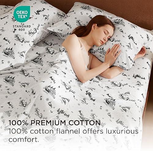 Miniatura 2 de Bedsure Juego de sábanas de franela cepillada tamaño individual, 100% algodón, sábanas blancas extra suaves, sábanas cálidas con bolsillo profundo